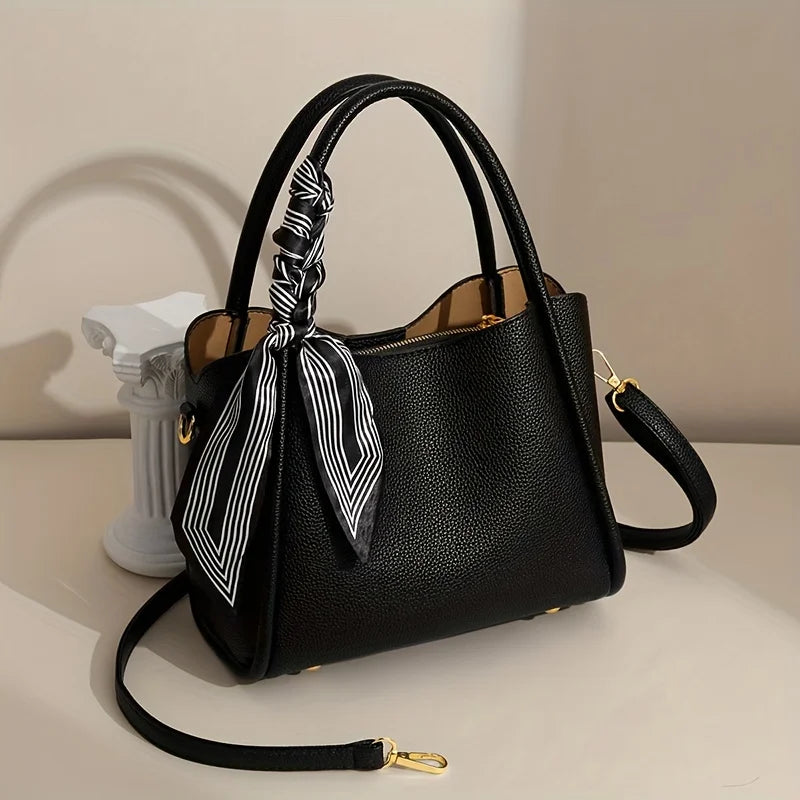 moocr Handbag With Scarf Accent   Leather  Elegant Shoulder Bag With Dual Handles For Daily Use  Luxury Solid Color Crossbody Purse