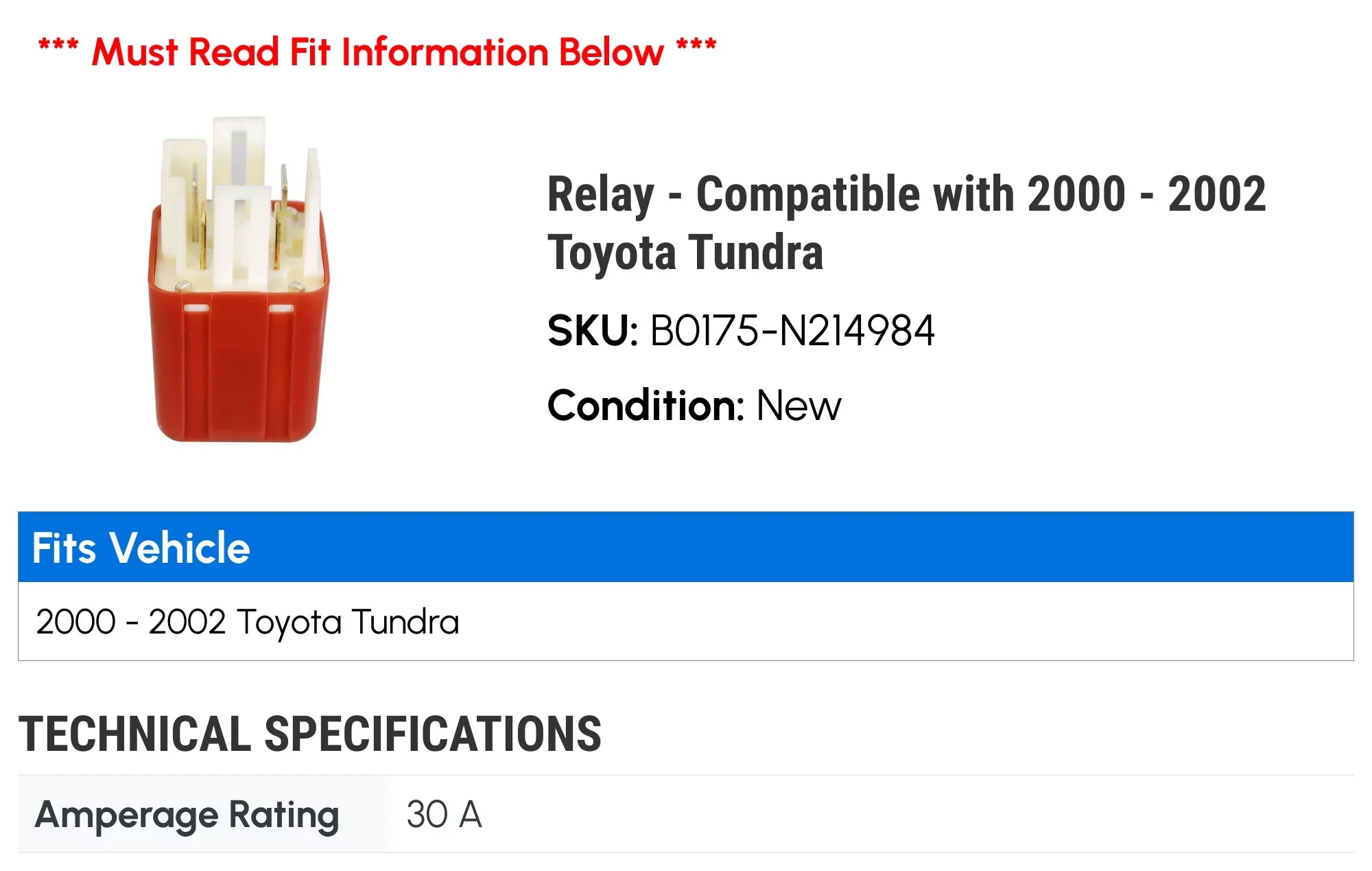 Relay - Compatible with 2000 - 2002 Toyota Tundra 2001