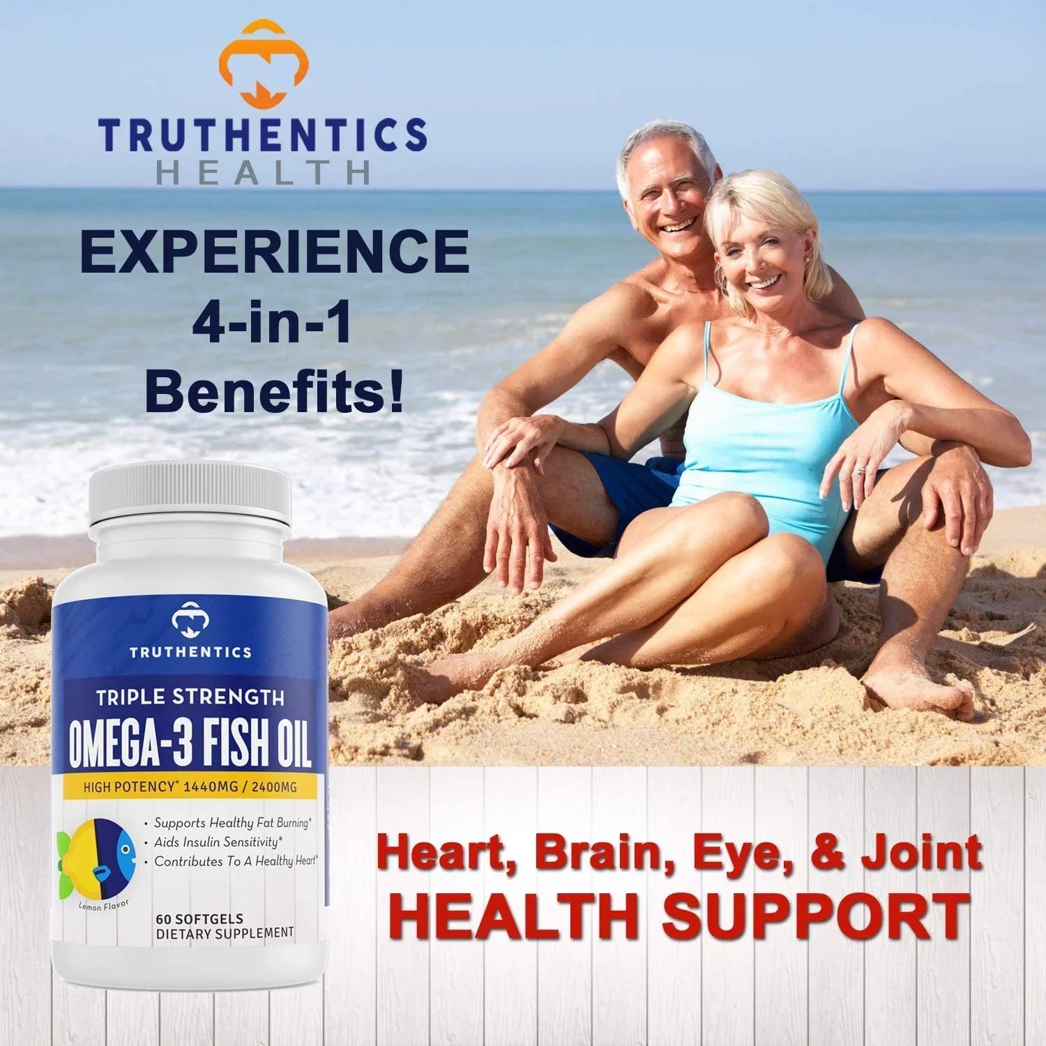 Truthentics Omega 3 Fish Oil 2400 mg (2 Pack) - 100% Pure Sea-Harvested Triple Strength Fish Oil - High   Omega 3 Fatty Acids - Lemon Flavor - 120 Burpless Softgels