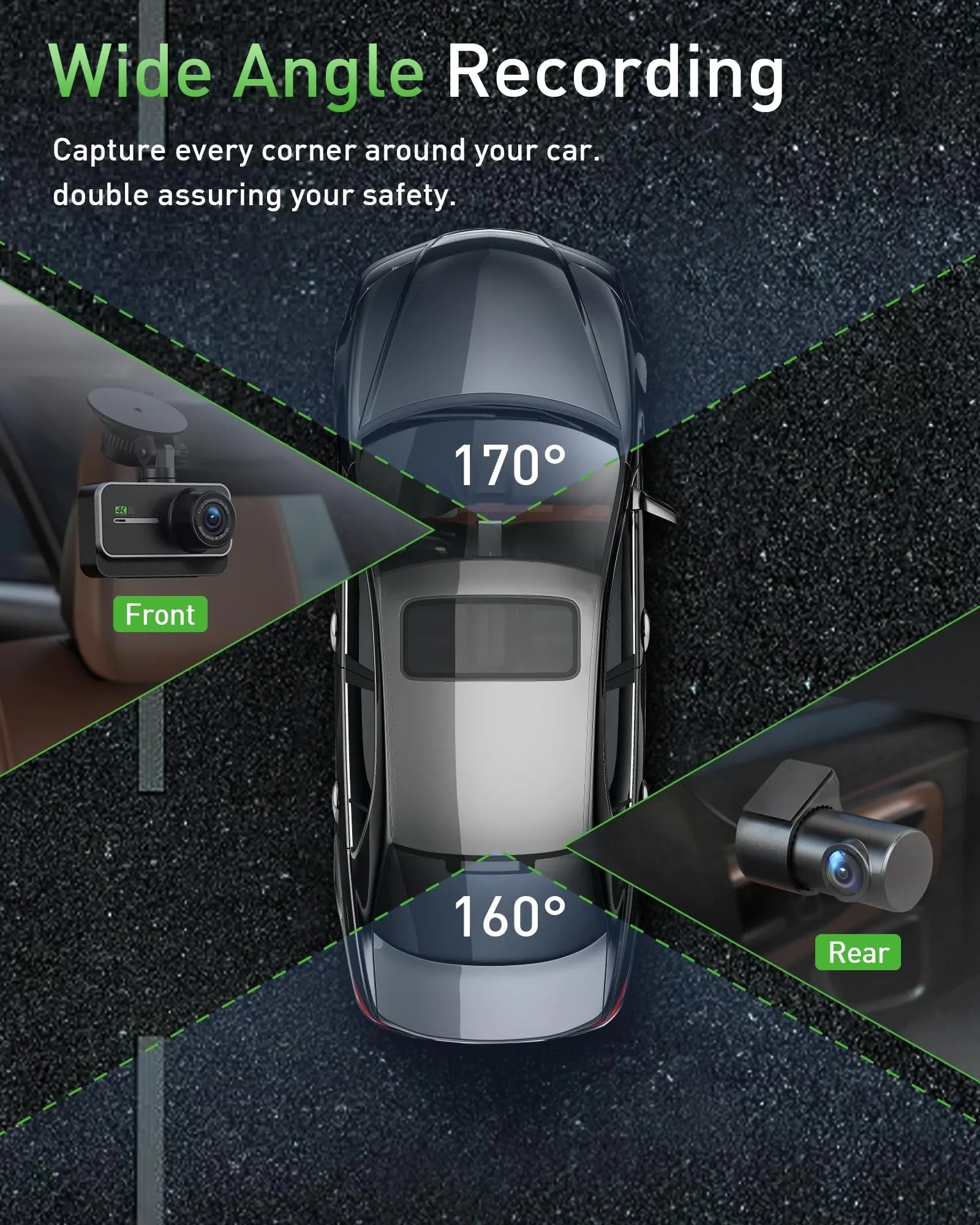 Advanced 4K+1080P WiFi dual dash cam, car front and rear dash cam, 3-inch  dual dash cam, night vision, 24 hours parking mode, loop recording, 170° wide angle, 64GB  card included
