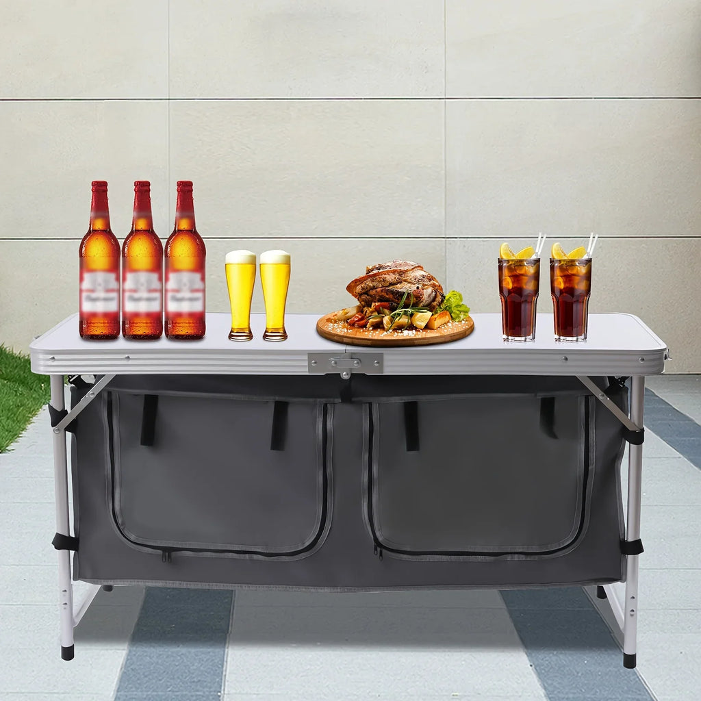 Folding Camping Table with Storage Compartment Lightweight Camp Kitchen Table Height Adjustable Indoor Outdoor Table Perfect for Tailgating Backyards  Picnic