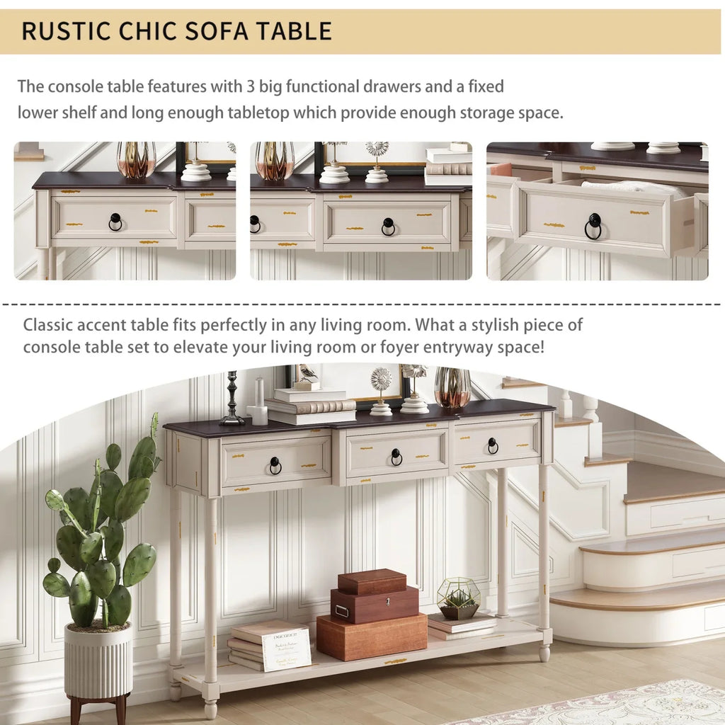 Console Table Sofa Table with Drawers for Entryway with Projecting Drawers and Long Shelf (Antique White     )