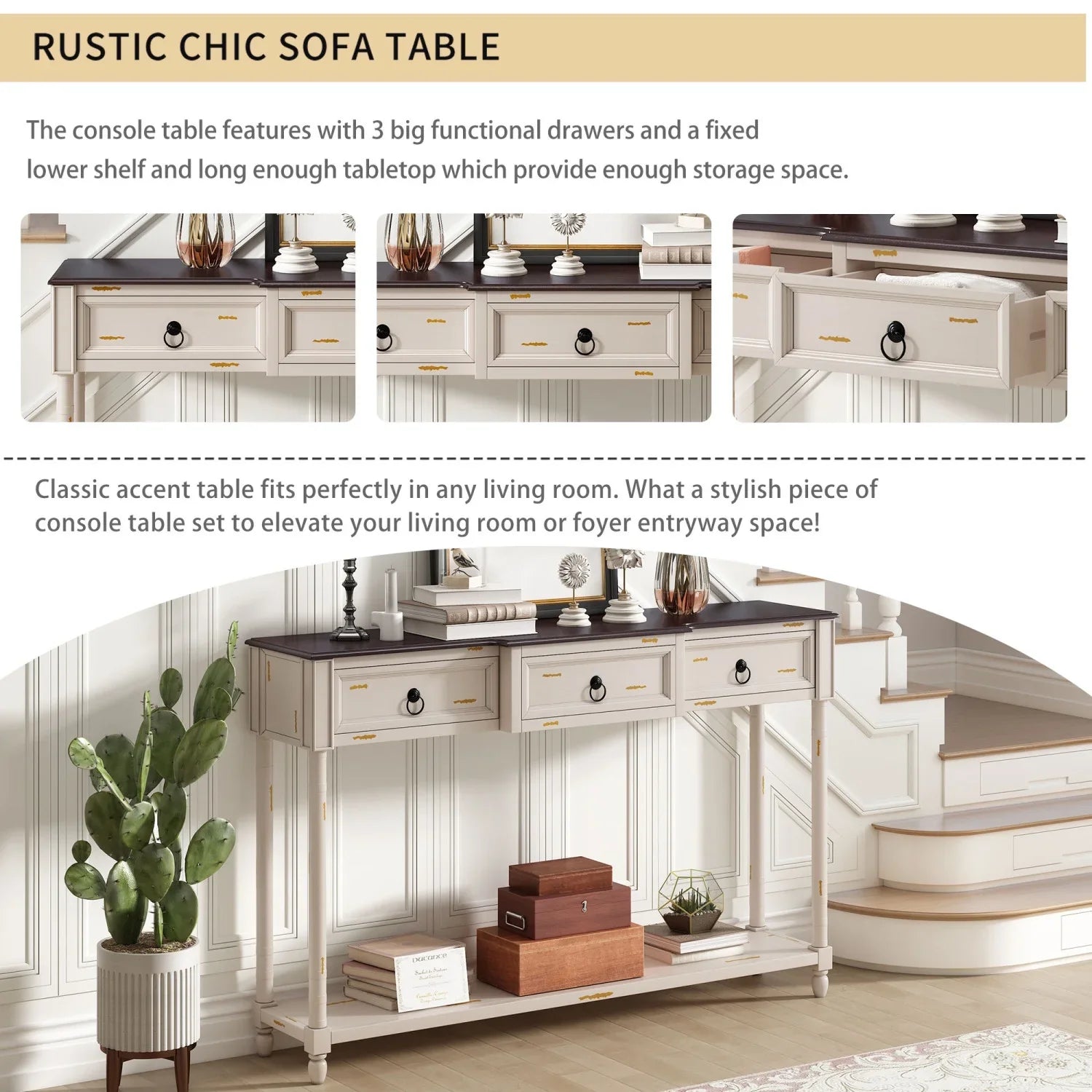Console Table Sofa Table with Drawers for Entryway with Projecting Drawers and Long Shelf (Antique White     )