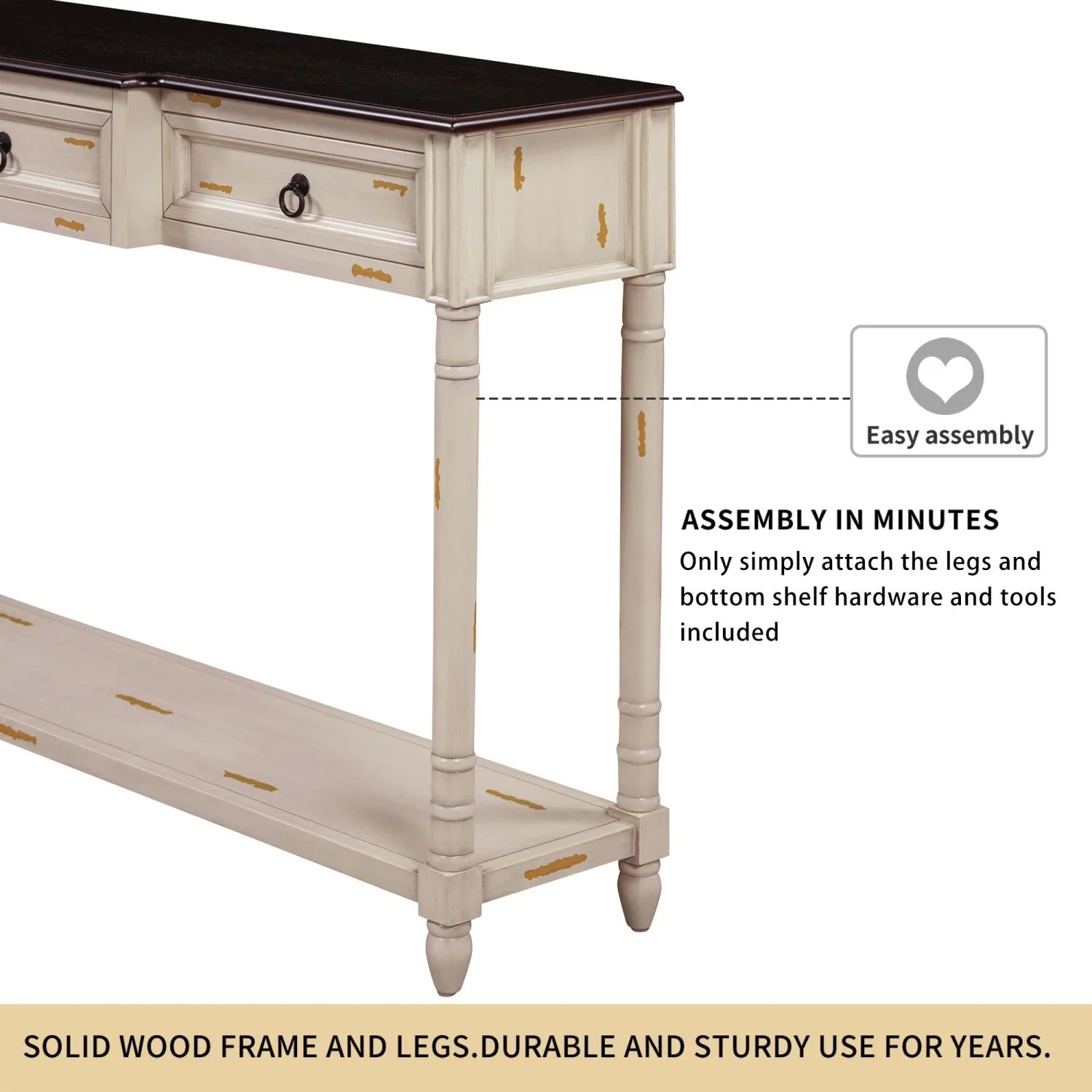 Console Table Sofa Table with Drawers for Entryway with Projecting Drawers and Long Shelf (Antique White     )