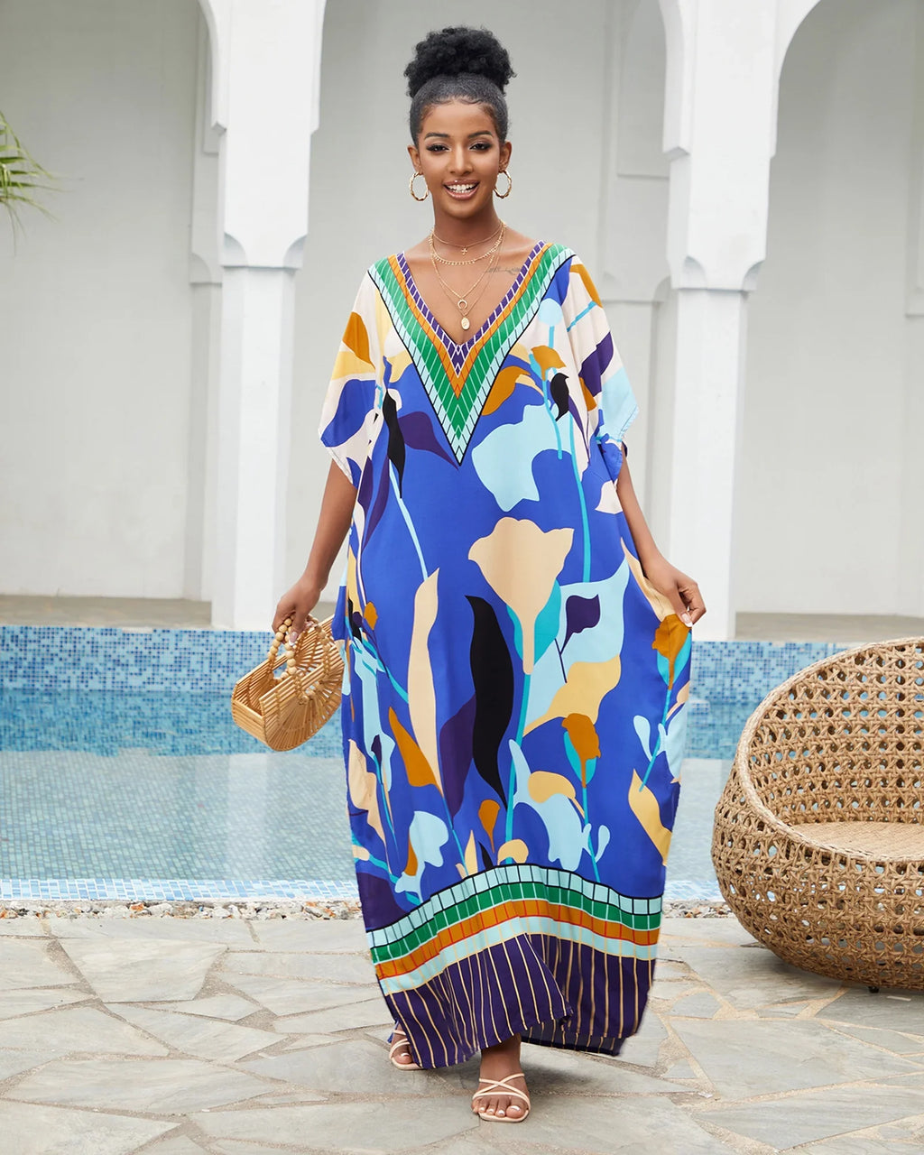 Edolynsa Bohemian Kaftan Dresses Plus Size Swimwear Bikini Cover Up Casual Beachwear Long Tops