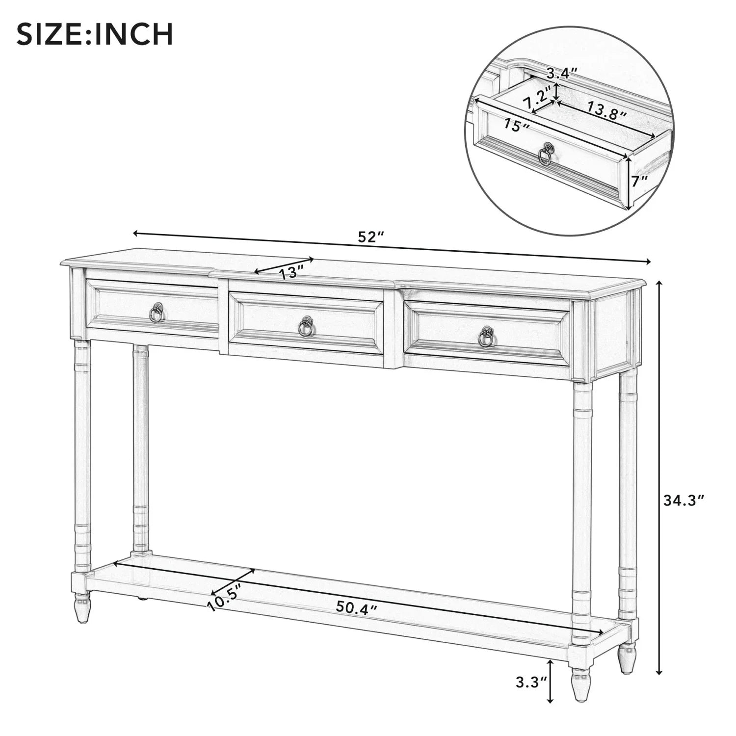 Console Table Sofa Table with Drawers for Entryway with Projecting Drawers and Long Shelf (Antique White     )