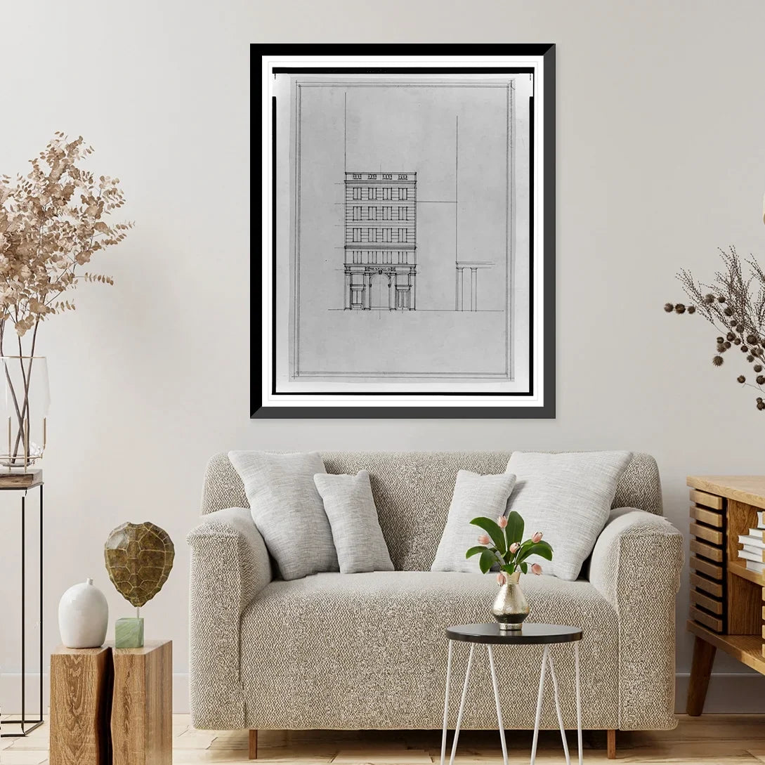 Historic Framed Print, [Two office buildings for .. Saul, 15th Street, .. (lots 69 and 10, square 218), McPherson Square, Washington, .. Front elevation] - 2, 17-7/8" x 21-7/8"