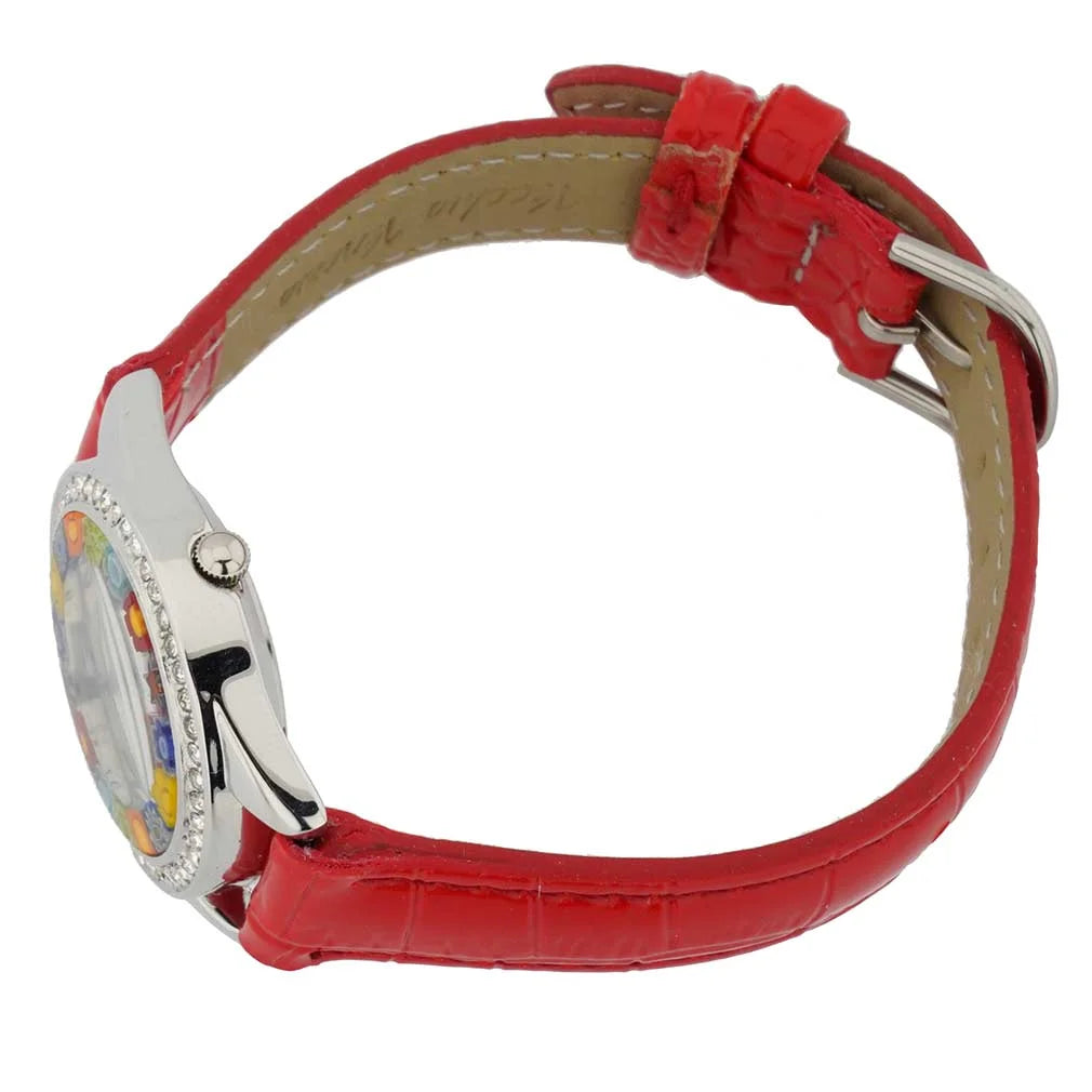 GlassOfVenice Murano Glass Watch Millefiori And Crystals With Leather Band - Red