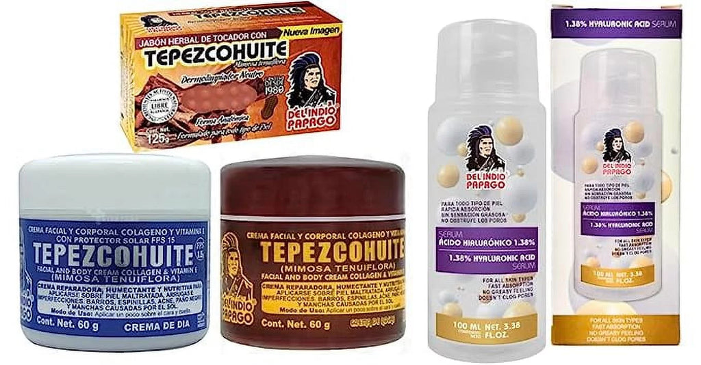 Del Indio Papago Tepezcohuite Day & Night creams (2oz each) + Hyaluronic Acid Serum (3.38 Fl Oz) + Tepezcohuite Soap (125g)