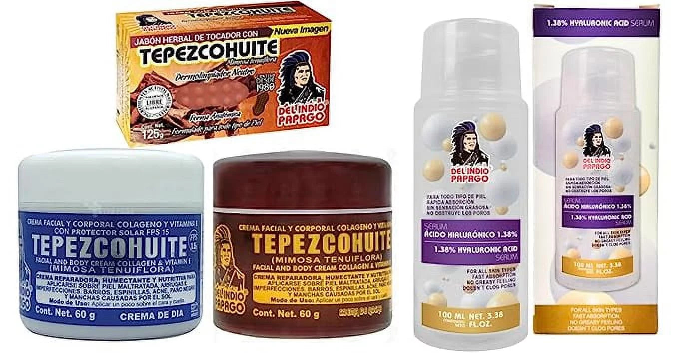 Del Indio Papago Tepezcohuite Day & Night creams (2oz each) + Hyaluronic Acid Serum (3.38 Fl Oz) + Tepezcohuite Soap (125g)