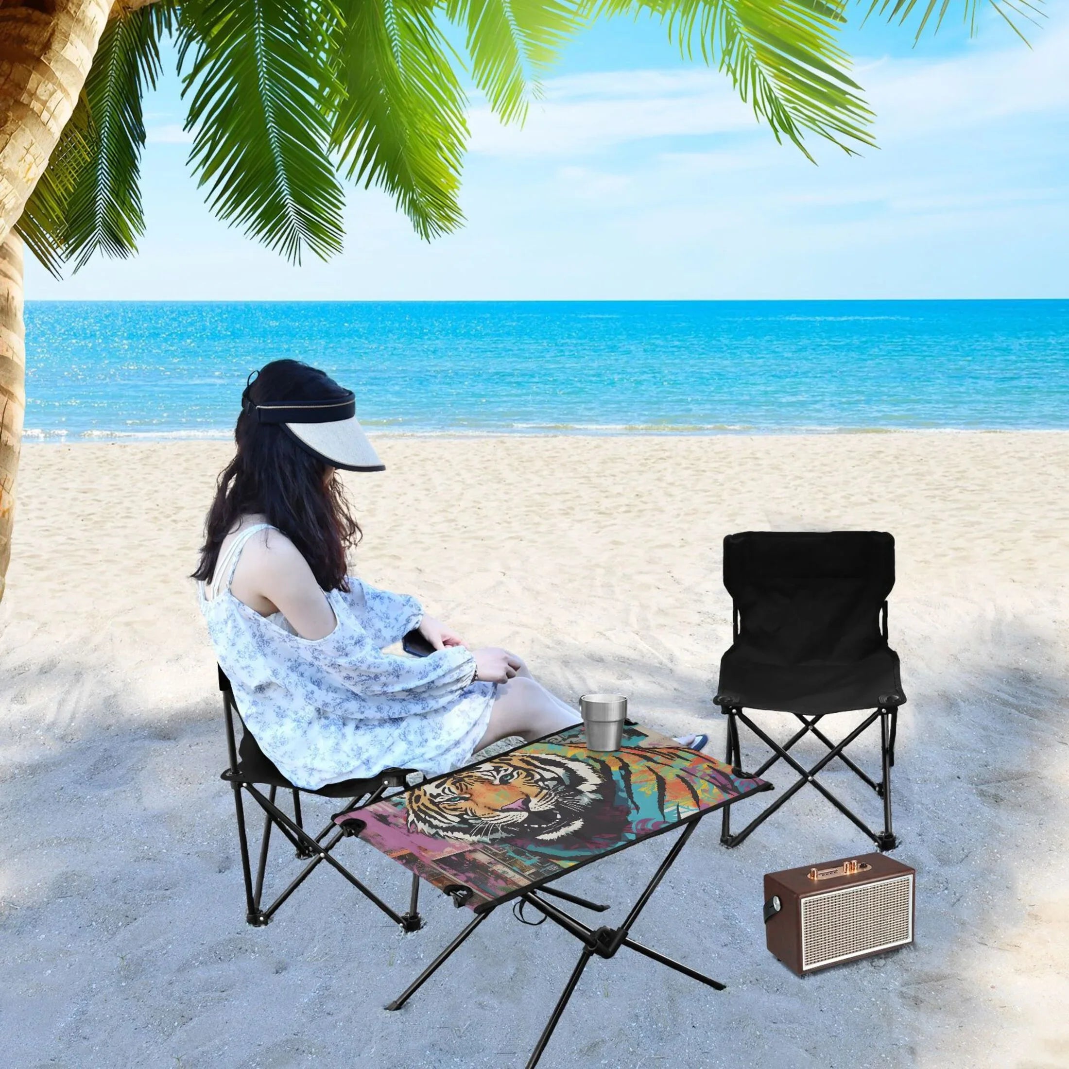 Tiger Abstract Camping Foldable Portable Table Beach Table with Storage Bag Compact Picnic Table for Outdoor Hiking Fishing