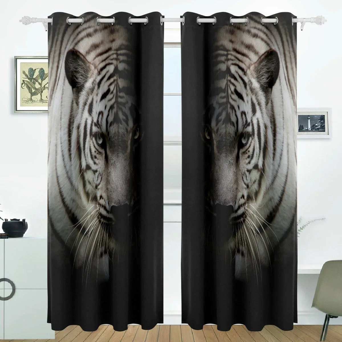 POPCreation White Tiger Isolated On Black Background Window Curtain Blackout Curtains Darkening Thermal Blind Curtain for Bedroom Living Room,2 Panel (52Wx84L Inches)
