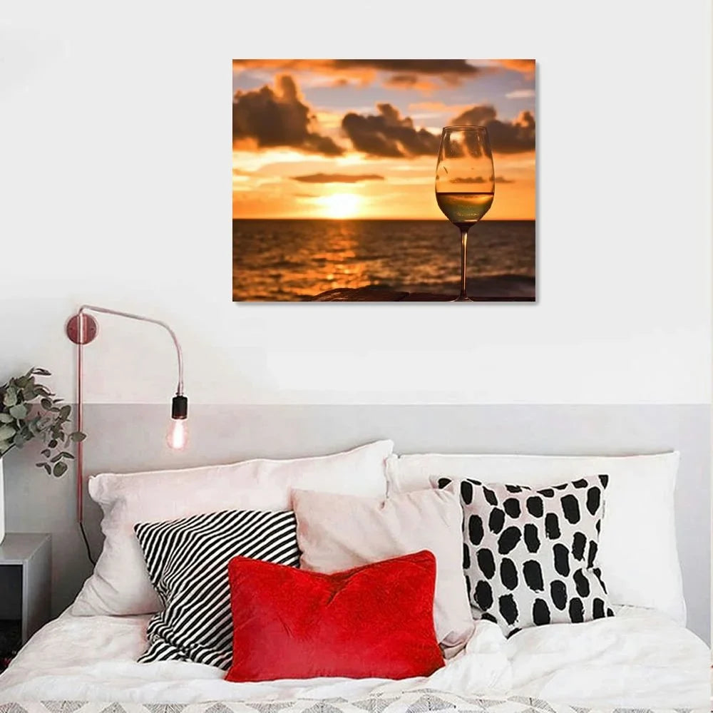 Wall Art Painting Pictures Glass of white wine on the beach at sunset Sundowners Framed Poster Prints on Canvas Artwork for Living Room Bedroom Home Office Decor 20x16 Inch