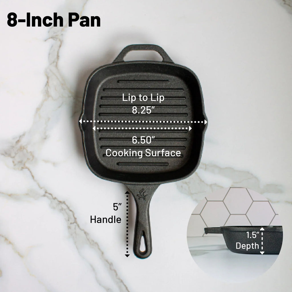 Backcountry Iron 8 Inch Square Grill Pan Medium Pre-Seasoned Cast Iron
