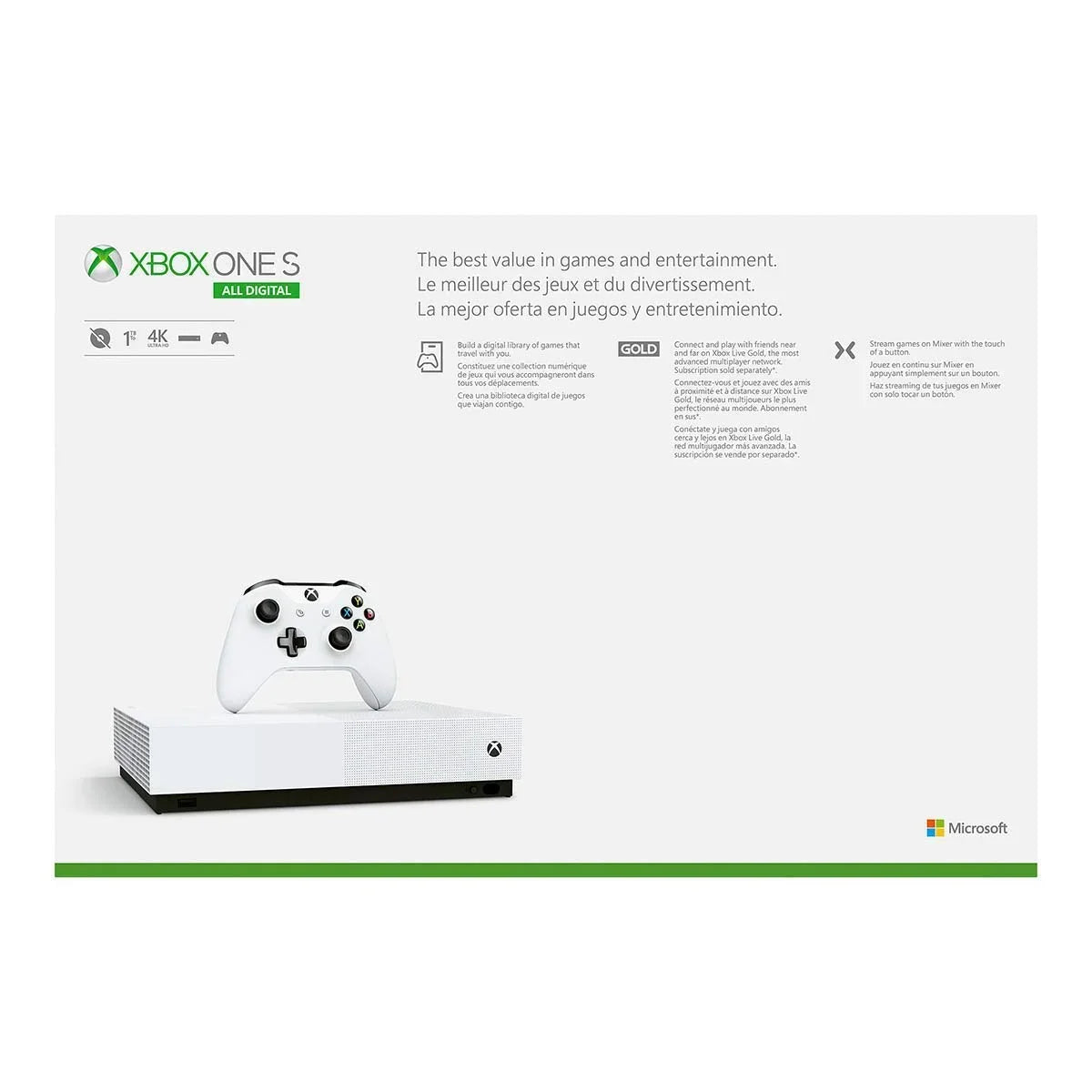 Used Xbox One  All Digital Edition with Xbox One Wireless Controller 1TB (Disc-free gaming) - /Canada - White