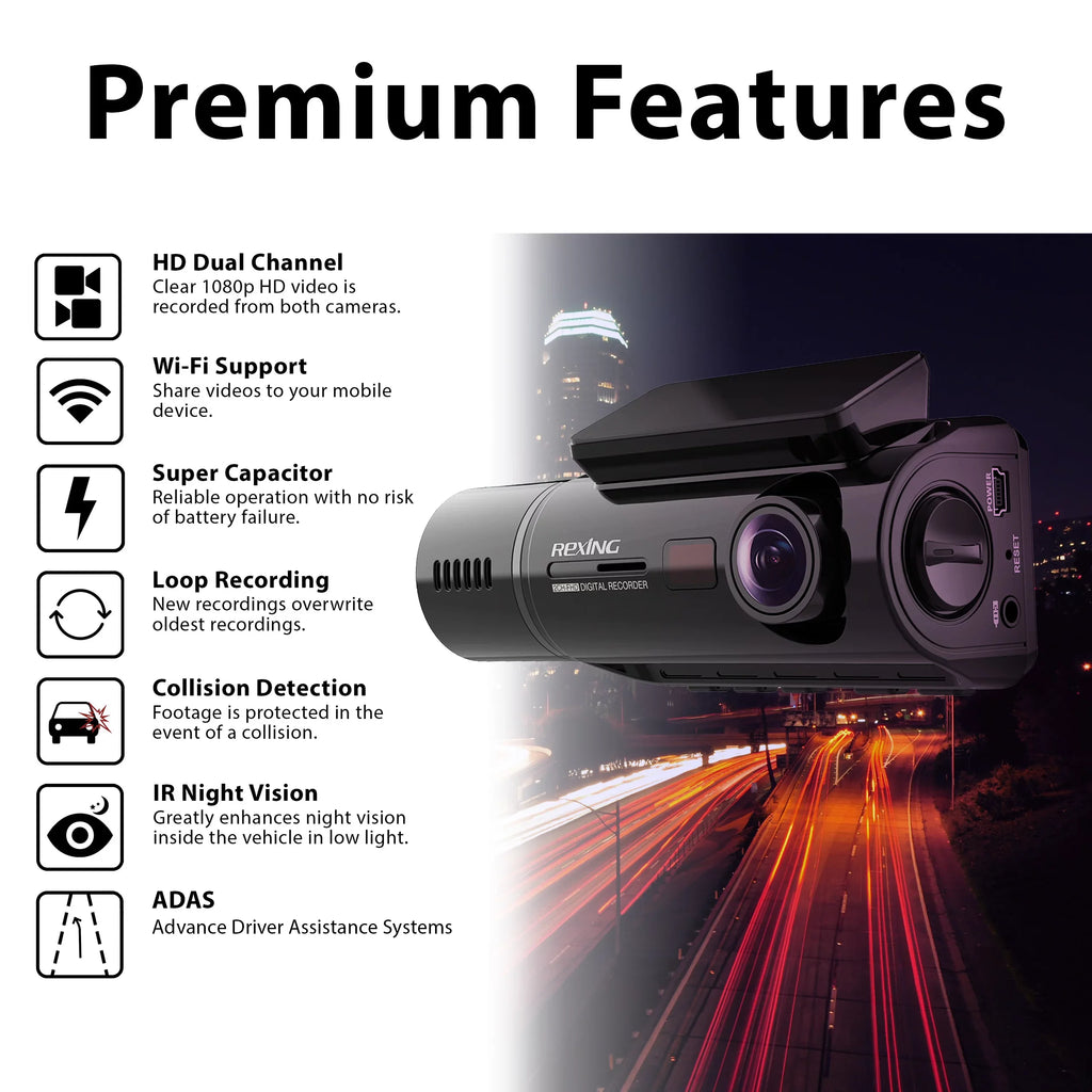 Rexing  Basic Dual Camera Front and Inside Cabin Full  1080p Dash Cam with Wi-Fi
