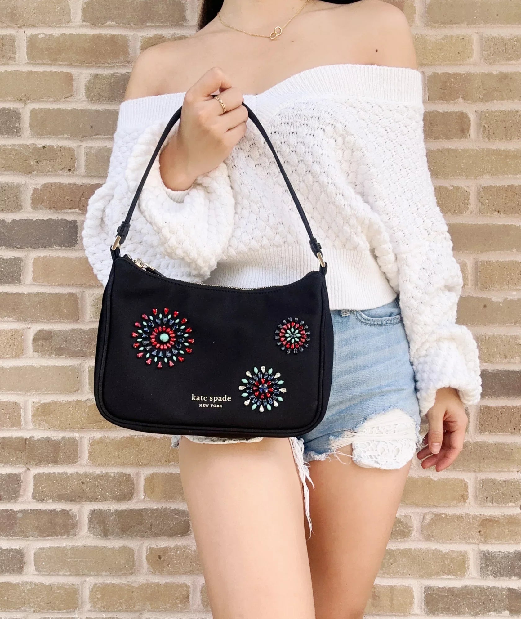 Kate Spade Little Better Sam Firework Embellished Nylon Small Shoulder Bag Black