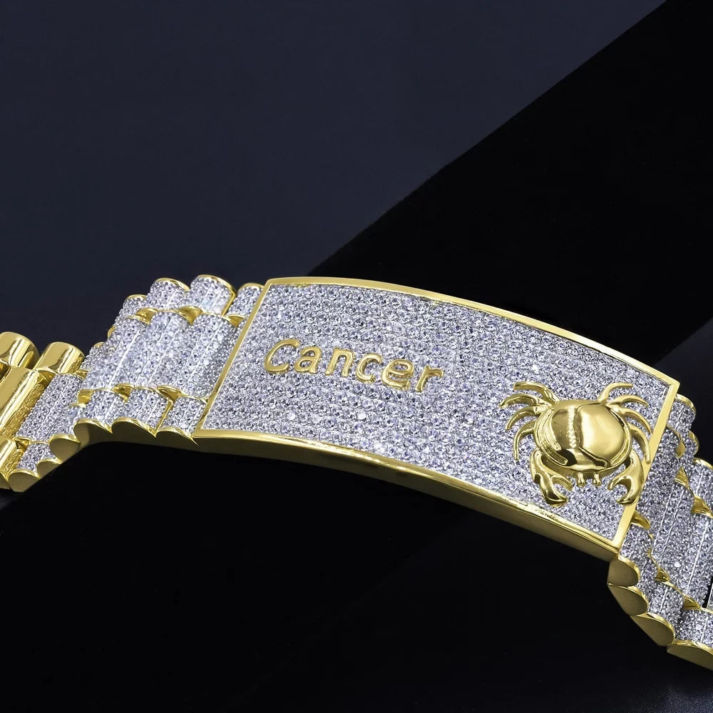 Mens Zodiac Sign Astrology Horoscope Cancer Crab 14K Gold Finish Simulated Diamond Bracelet 8.5''