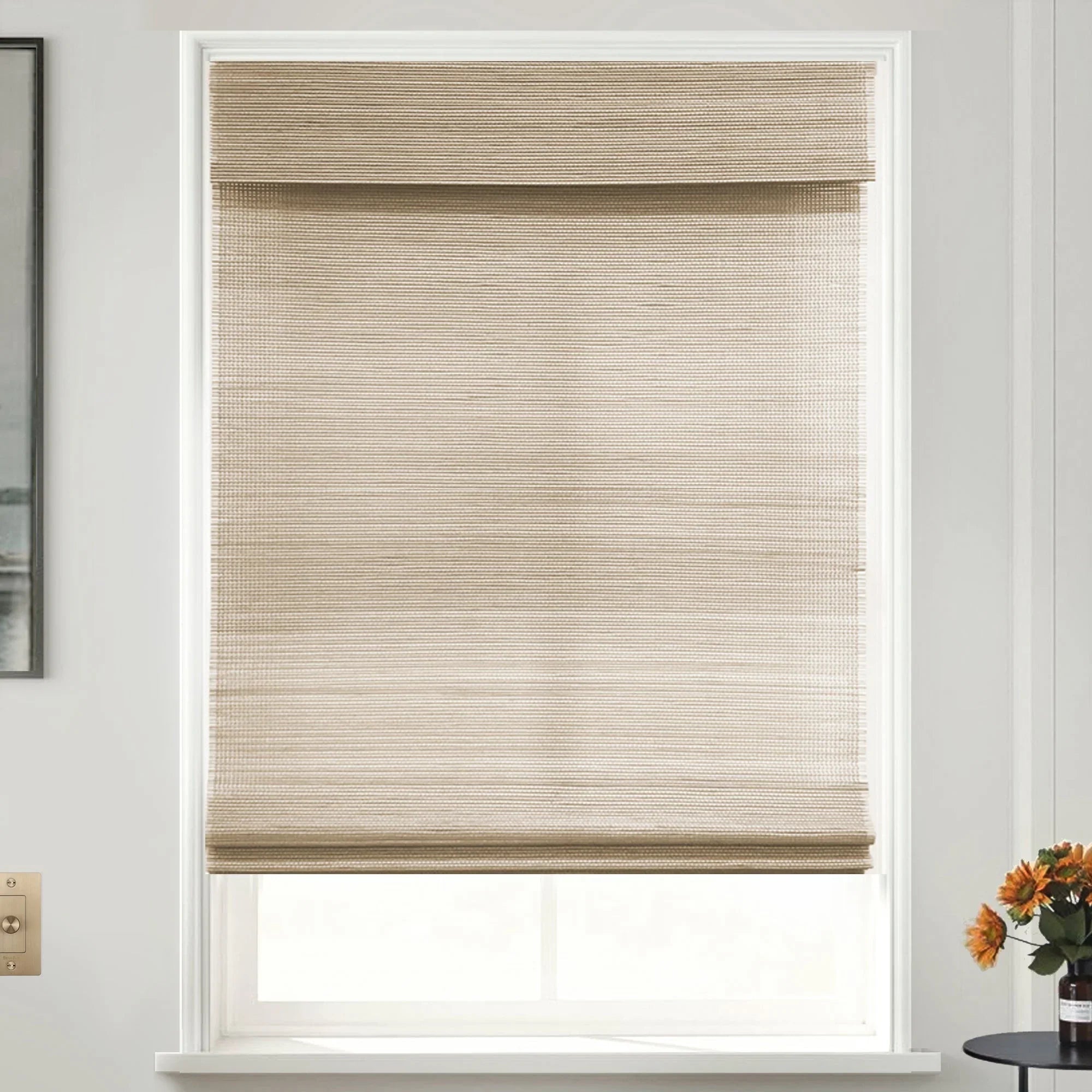 Custom Bamboo Shades |  | Cordless Designer Natural Woven Wood Roman Shades for Windows | Woven Hickory Wood (Sheer) | 34.5" x 72"