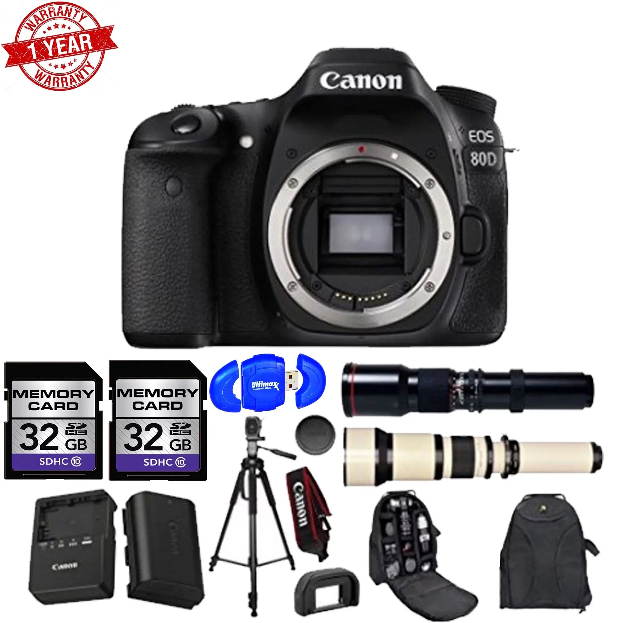 Canon  80D 24.2MP Wi-Fi Full  1080P  w/500mm Preset Telephoto Lens + 650-1300mm Wildlife Zoom Lens and Accessory Bundle (15 Items)