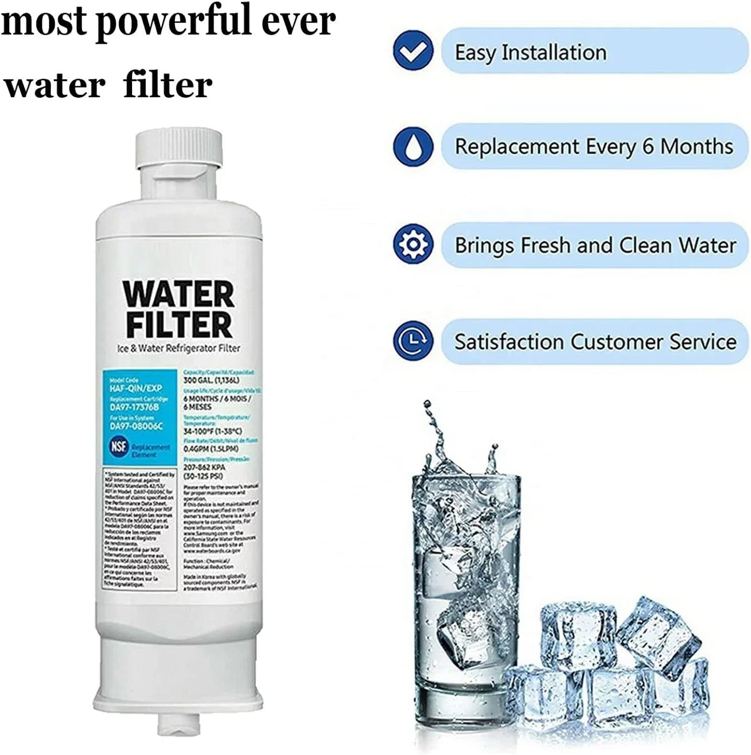 '-17376B Filter for Refrigerator Water and Ice, Carbon Block Filtration, Removes 99% of Harmful Contaminants for Clean, Clear Drinking Water, 6-Month Life, -/,( 3 Pack )