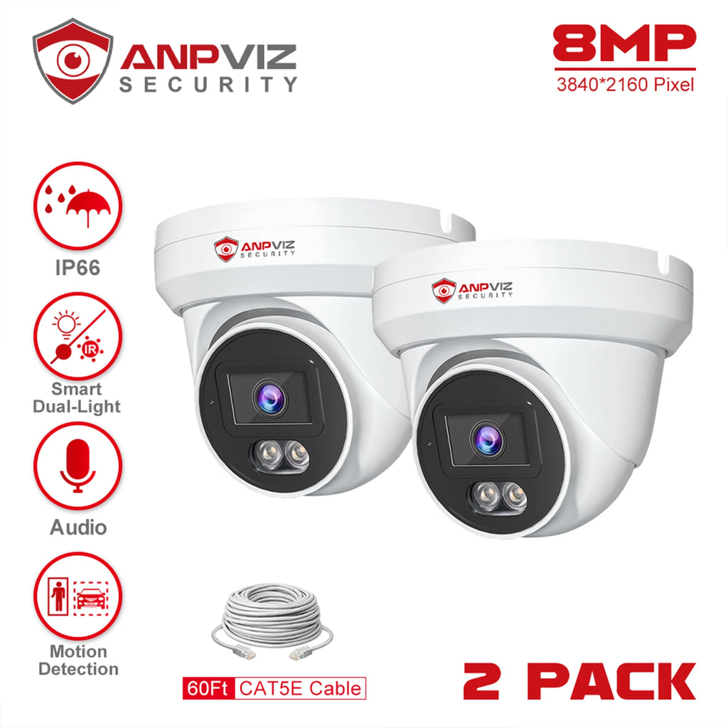 Anpviz 4K PoE Camera Turret 8MP  Camera Outdoor, PoE Security Cameras with  Human Vehicle Detection, Smart Dual Light Color Night Vision 98ft, Built-in Mic, 110° Wide Angle,  Waterproof
