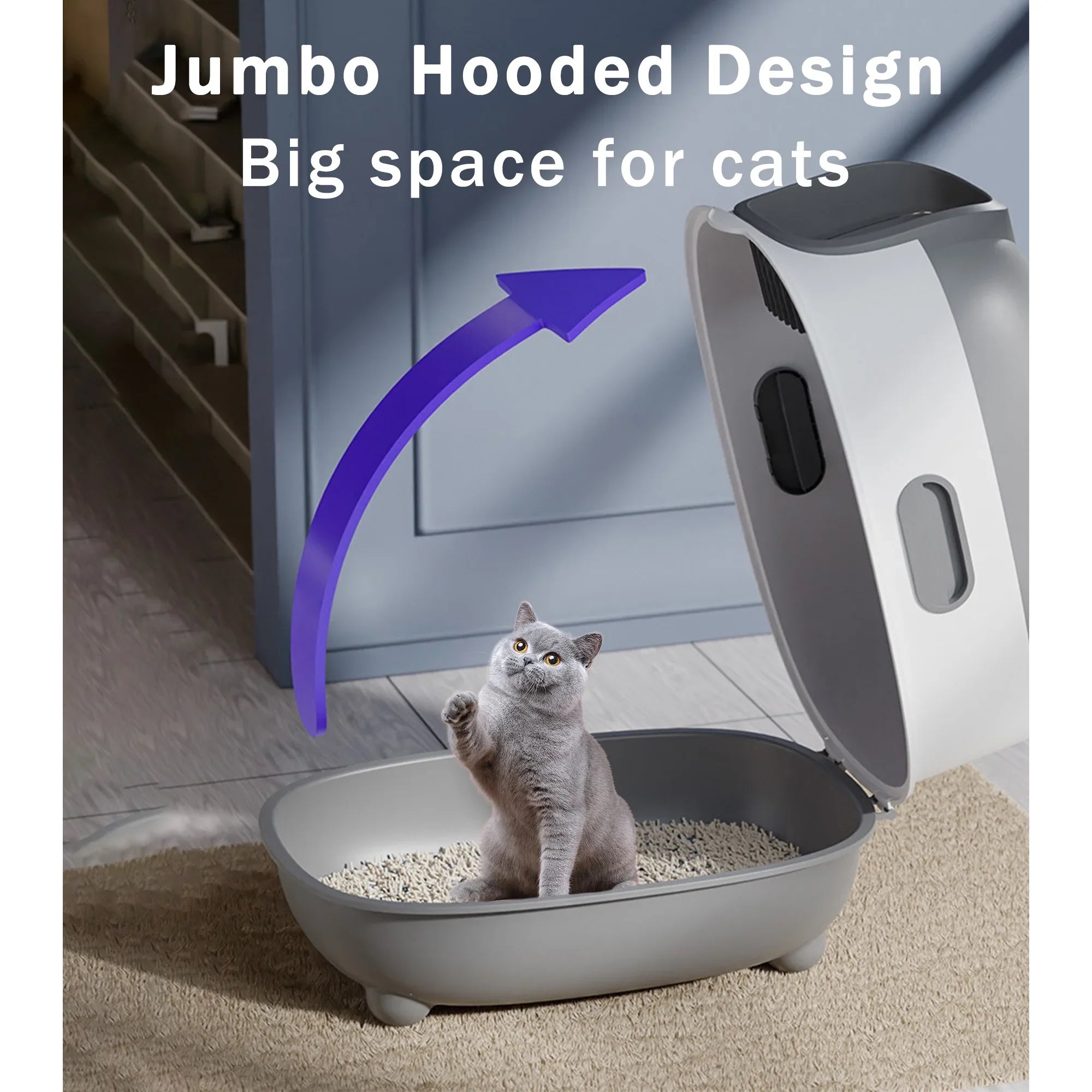 Large Cat Litter Box,Pets Enclosed Cat Litter Boxes,Odor Control,Jumbo Hooded,Gray,Door Isolate Smelly