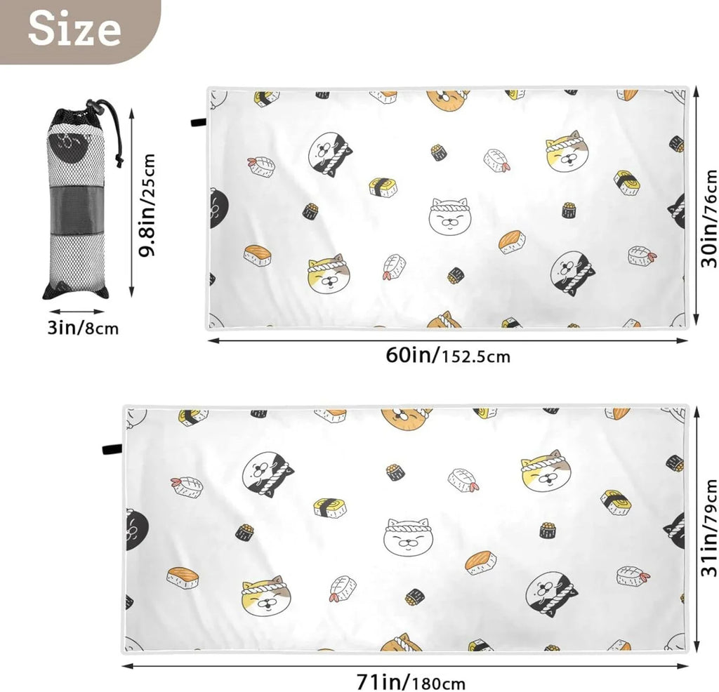Bestwell Kitten Chef Sushi Beach Towel - Lightweight Compact Oversized Travel Towels - Super Absorbent Quick Dry Towel for Swimming Camping Holiday（164）