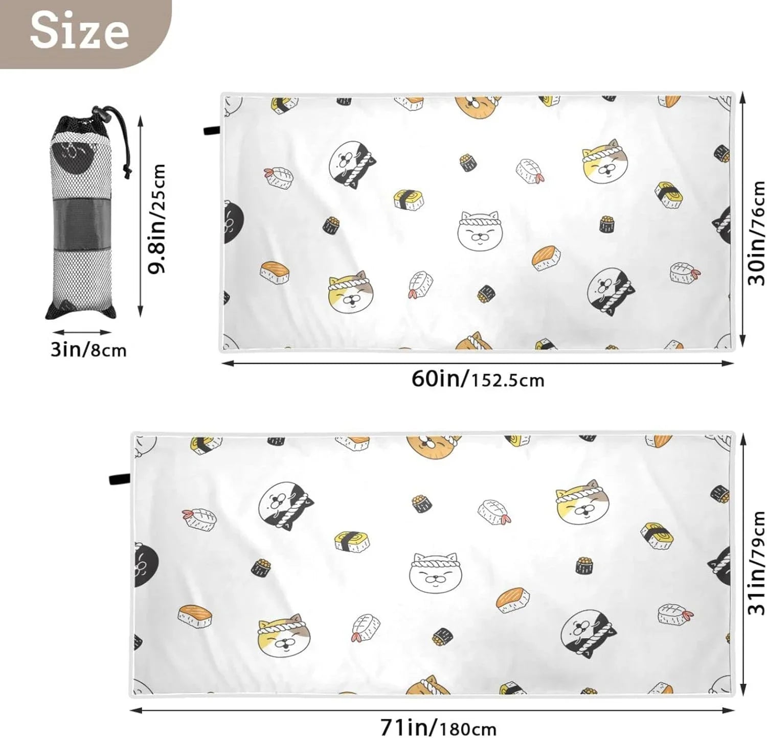 Bestwell Kitten Chef Sushi Beach Towel - Lightweight Compact Oversized Travel Towels - Super Absorbent Quick Dry Towel for Swimming Camping Holiday（164）