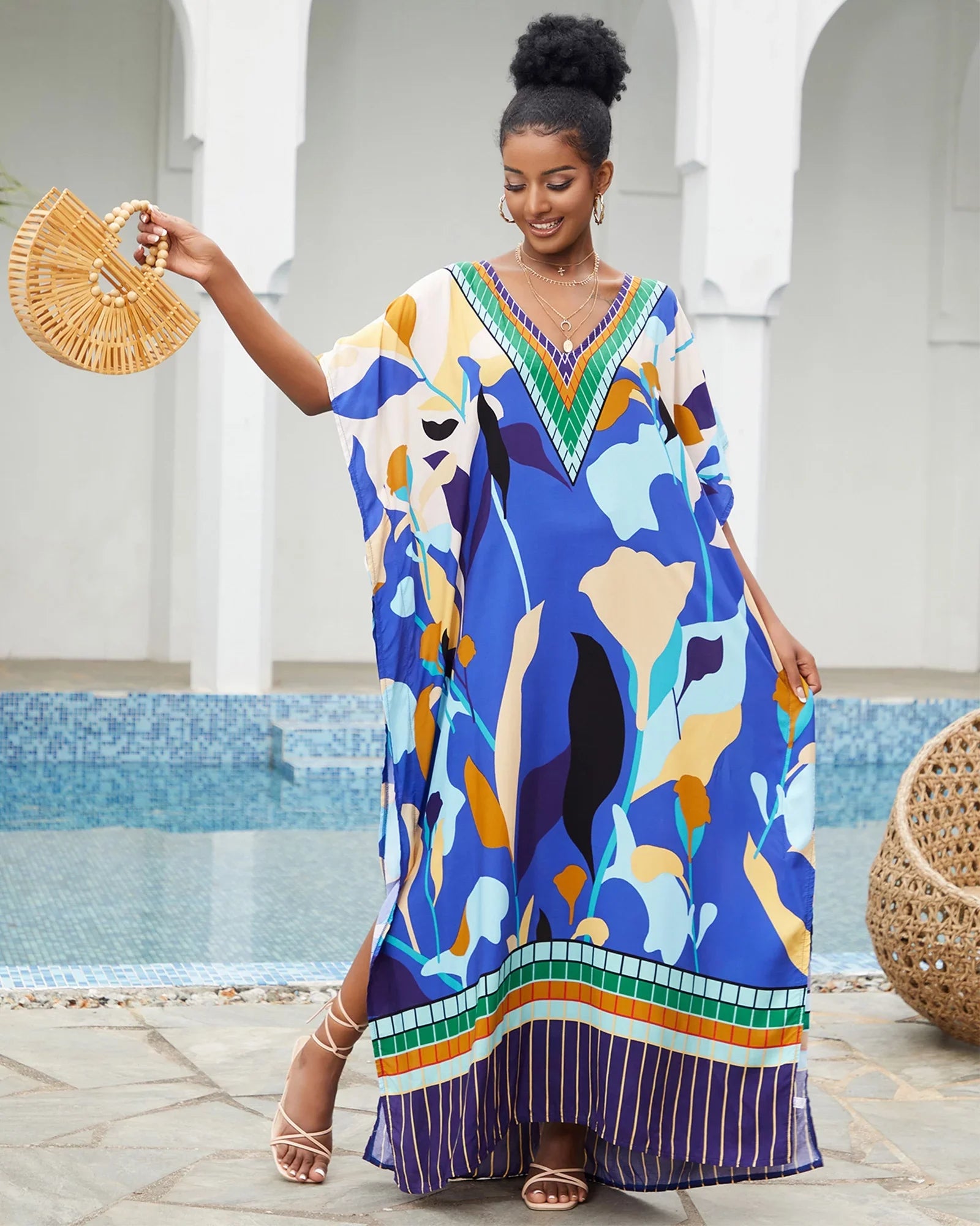 Edolynsa Bohemian Kaftan Dresses Plus Size Swimwear Bikini Cover Up Casual Beachwear Long Tops