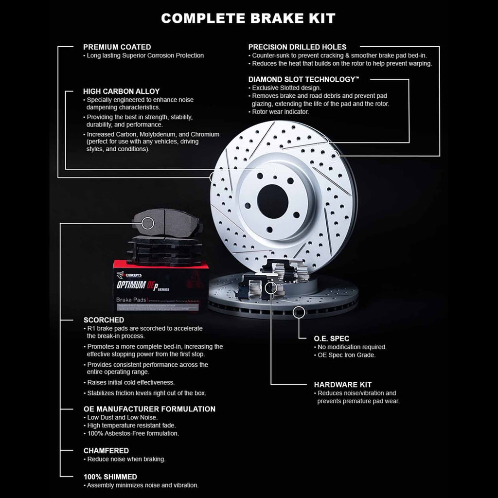 Concepts Front Brakes and Rotors Kit |Front Brake Pads| Brake Rotors and Pads| Optimum OEp Brake Pads and Rotors |Hardware Kit -80044