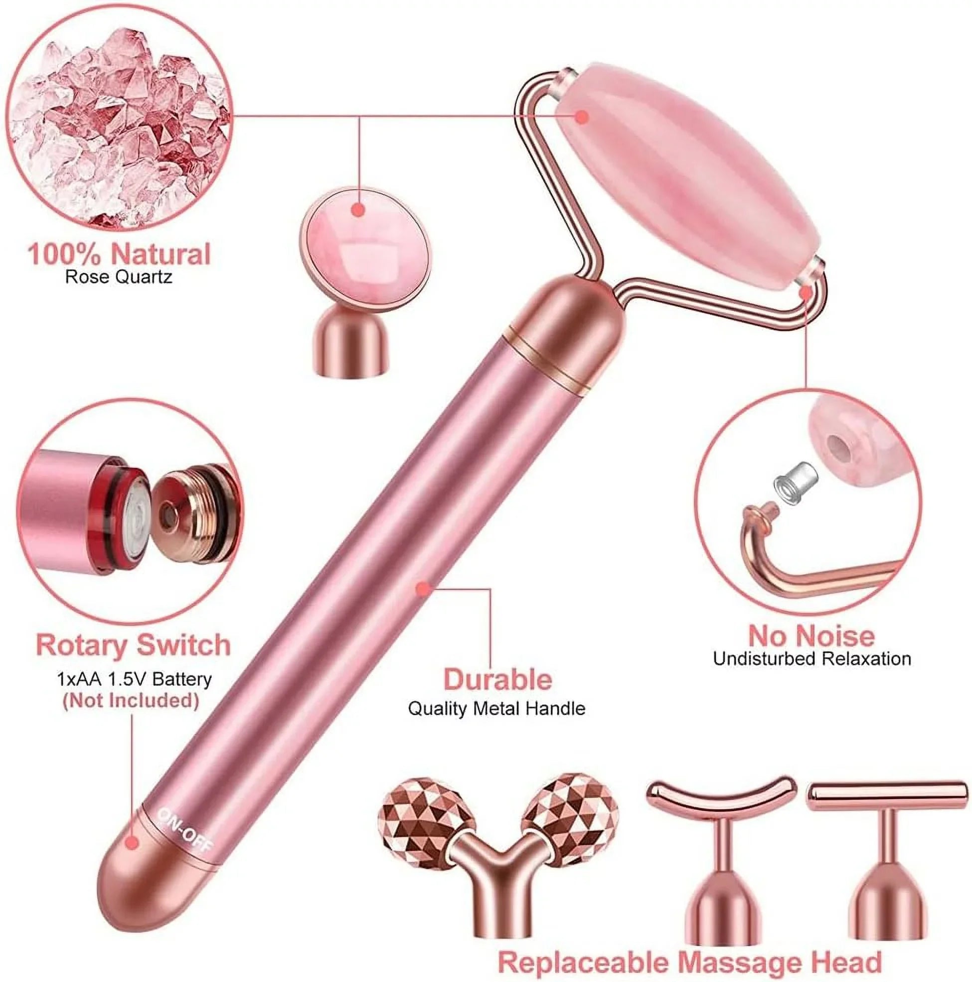 Innotech 5-in-1 24K Gold Beauty Bar Face Massager Electric Vibrating Rose Quartz 3D Roller Face Lifting Body Facial Gua Sha Jade Roller