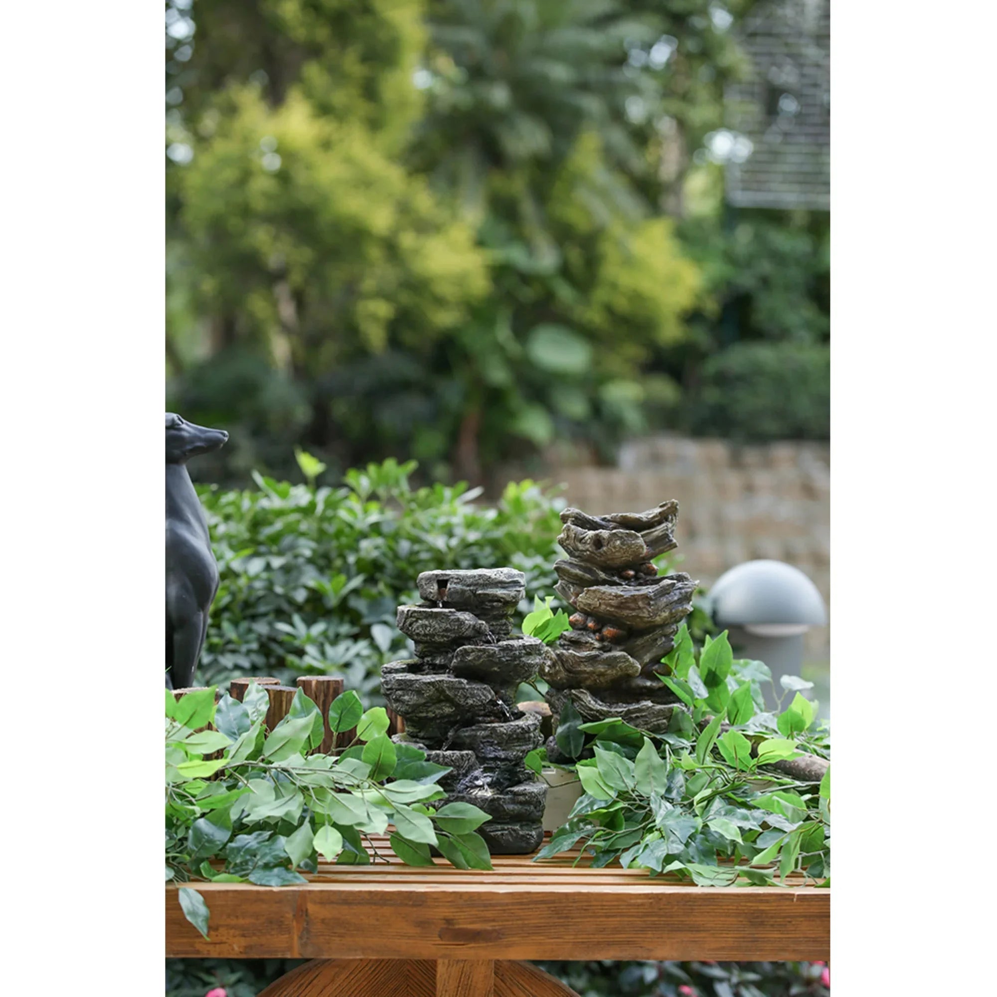 Home Furnishings Cascading Stone Tabletop Outdoor Fountain with Light - 13.75" - Brown