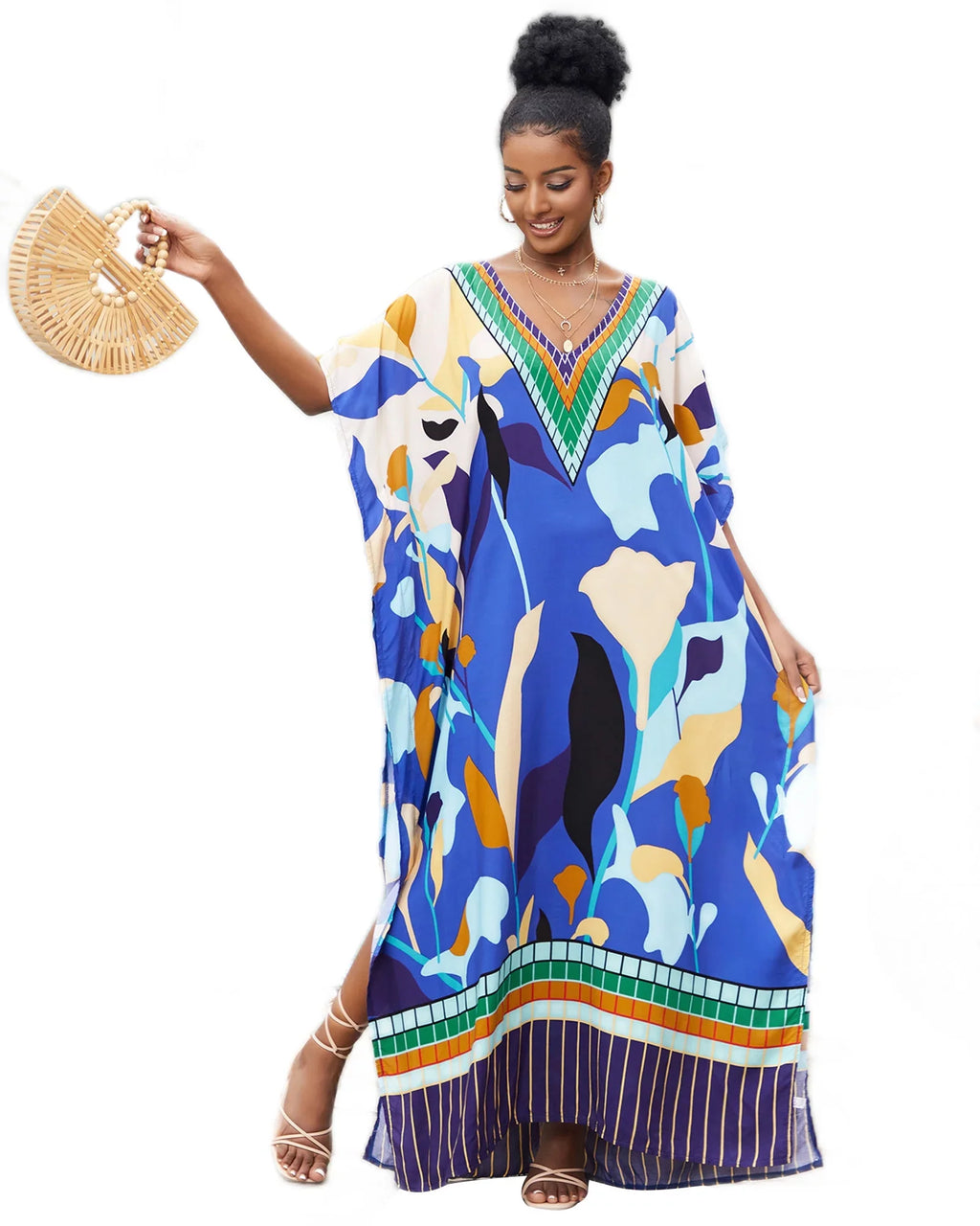 Edolynsa Bohemian Kaftan Dresses Plus Size Swimwear Bikini Cover Up Casual Beachwear Long Tops