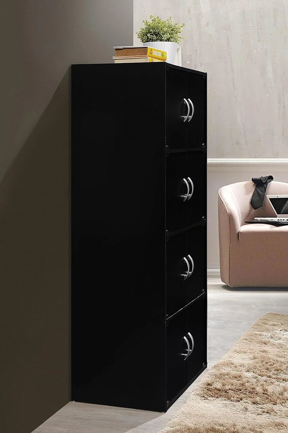 8 Door 4 Shelf Modern Wooden Heavy Duty Floor Mount Multipurpose Storage Bookcase Cabinet with Installation Hardware, Black