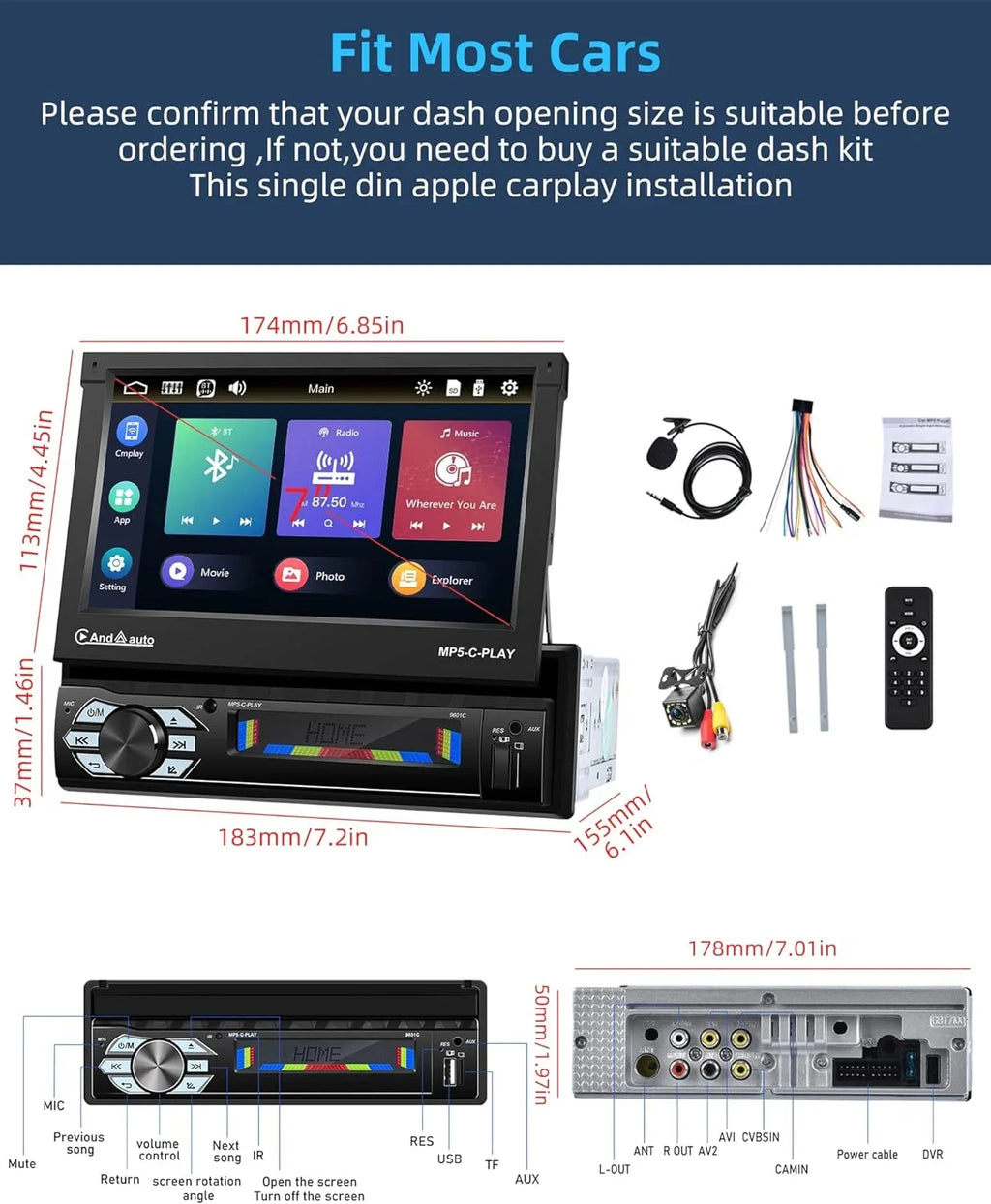 Carplay Car Stereo with Android Auto Bluetooth,7 Inch Flip Out Touchscreen Car Radio,Car Audio Receivers Support Phone Mirror Link,with  Radio/Backup Camera/  -in Port