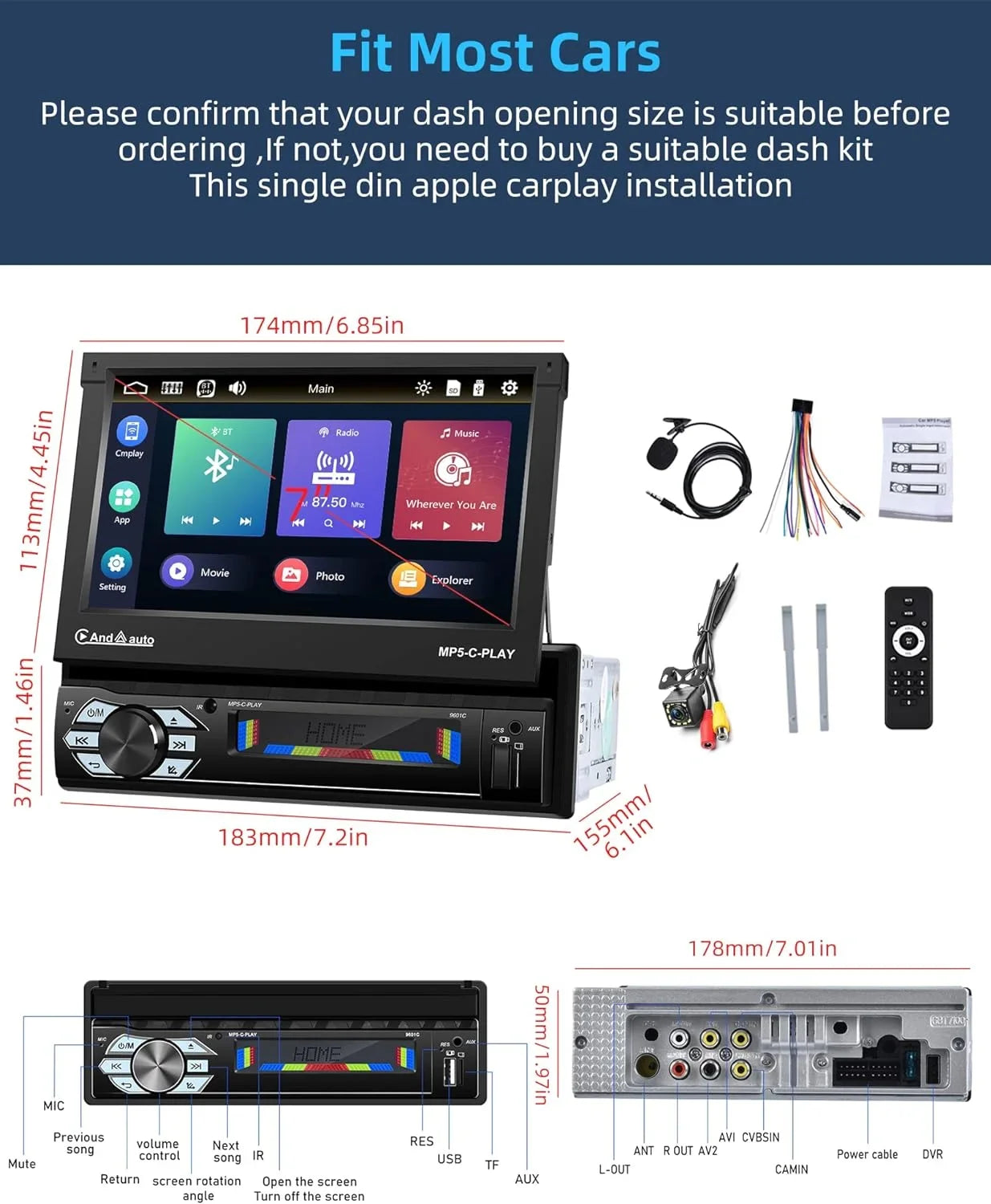 Carplay Car Stereo with Android Auto Bluetooth,7 Inch Flip Out Touchscreen Car Radio,Car Audio Receivers Support Phone Mirror Link,with  Radio/Backup Camera/  -in Port