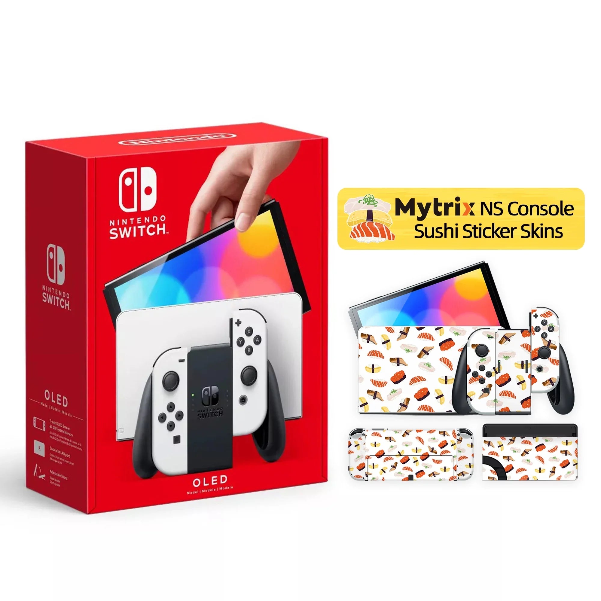 2021 New Nintendo Switch  Model White with Mytrix Full Body Skin Sticker for   Console, Dock and Joycons - Sushi Set