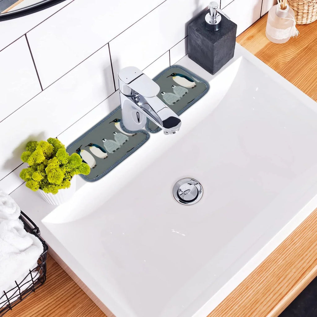 Bestwell 3PCS Faucet Absorbent Mat, Sea Bird Penguin Washable Sink Splash Guard Drip Catcher, Kitchen Bath Countertop Sinkmat Microfiber Drying Mats