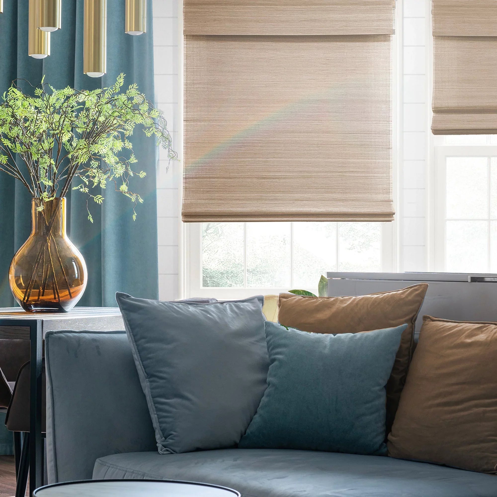Custom Bamboo Shades |  | Cordless Designer Natural Woven Wood Roman Shades for Windows | Woven Hickory Wood (Sheer) | 34.5" x 72"