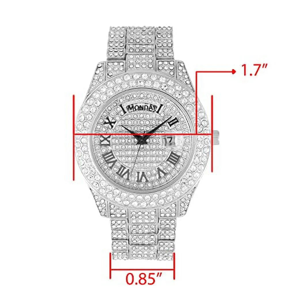 Charles Raymond Big Rocks Fully Iced Out Diamond Mens Watch w/Easy Read Date &Day and Colorful Dials- Designer Hip Hop Blinged Out Timepiece -  (- Silver)