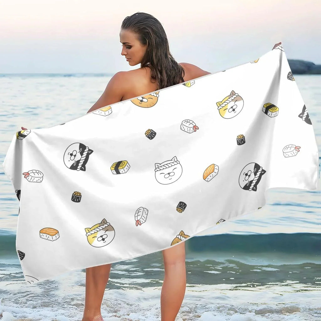 Bestwell Kitten Chef Sushi Beach Towel - Lightweight Compact Oversized Travel Towels - Super Absorbent Quick Dry Towel for Swimming Camping Holiday（164）