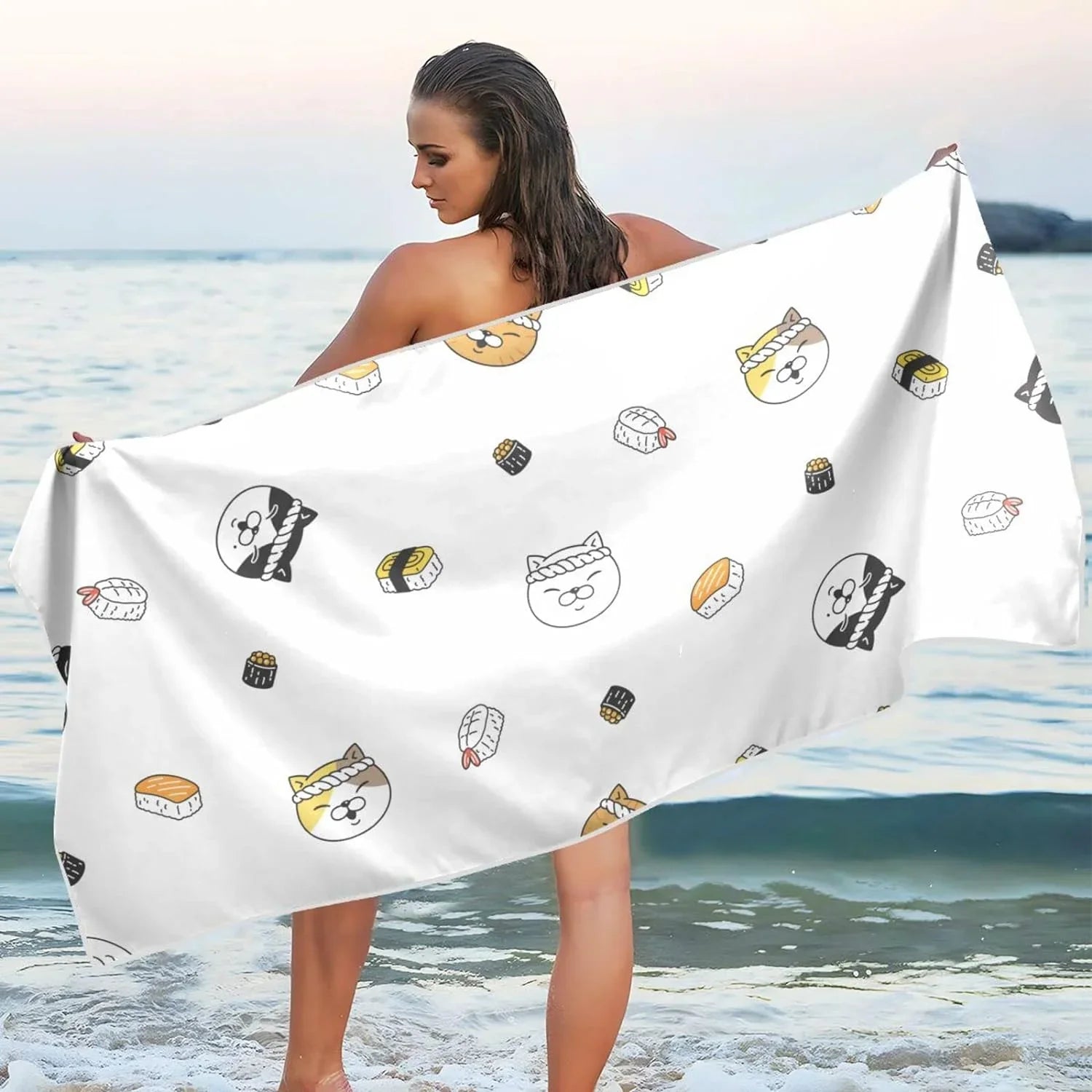 Bestwell Kitten Chef Sushi Beach Towel - Lightweight Compact Oversized Travel Towels - Super Absorbent Quick Dry Towel for Swimming Camping Holiday（164）