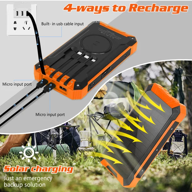Solar Power Bank 20000mAh Built-in 4 Cables Qi Wireless Charger For   Mega with  Flashlight Solar Portable External Battery  Waterproof 15W 5V/3A   Port 6 Outputs 3 Inputs