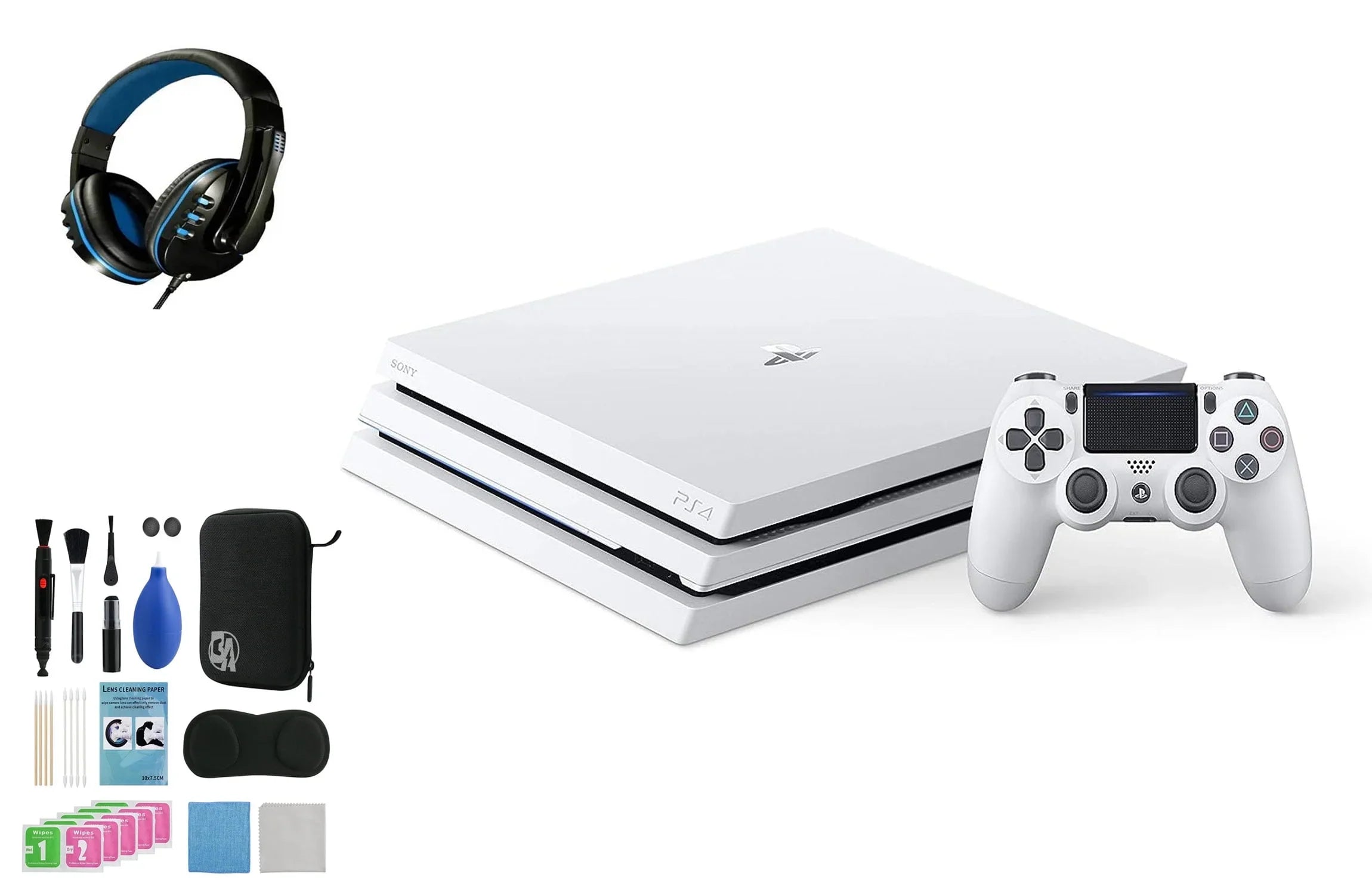 Pre-Owned Sony PlayStation 4 Pro 1TB Gaming Console Glacier White Headset With   Cleaning Kit Bundle (Refurbished: Like New)