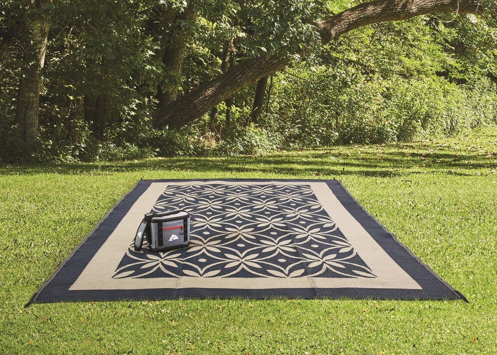 Auto Drive Blue / Tan Flower Design 9x12ft Reversible  Patio Mat, Good for  Patios and Garden