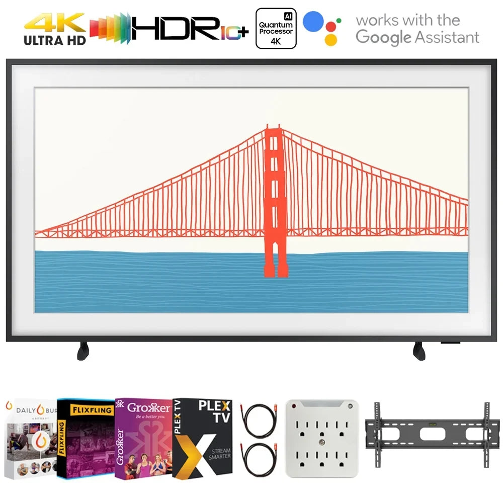 Samsung  65 inch The Frame  4K Smart  2021 Bundle with Premiere Movies Streaming 2020 + 37-100 inch  Wall Mount + 6-Outlet Surge Adapter + 2x 6FT 4K  2.0 Cable