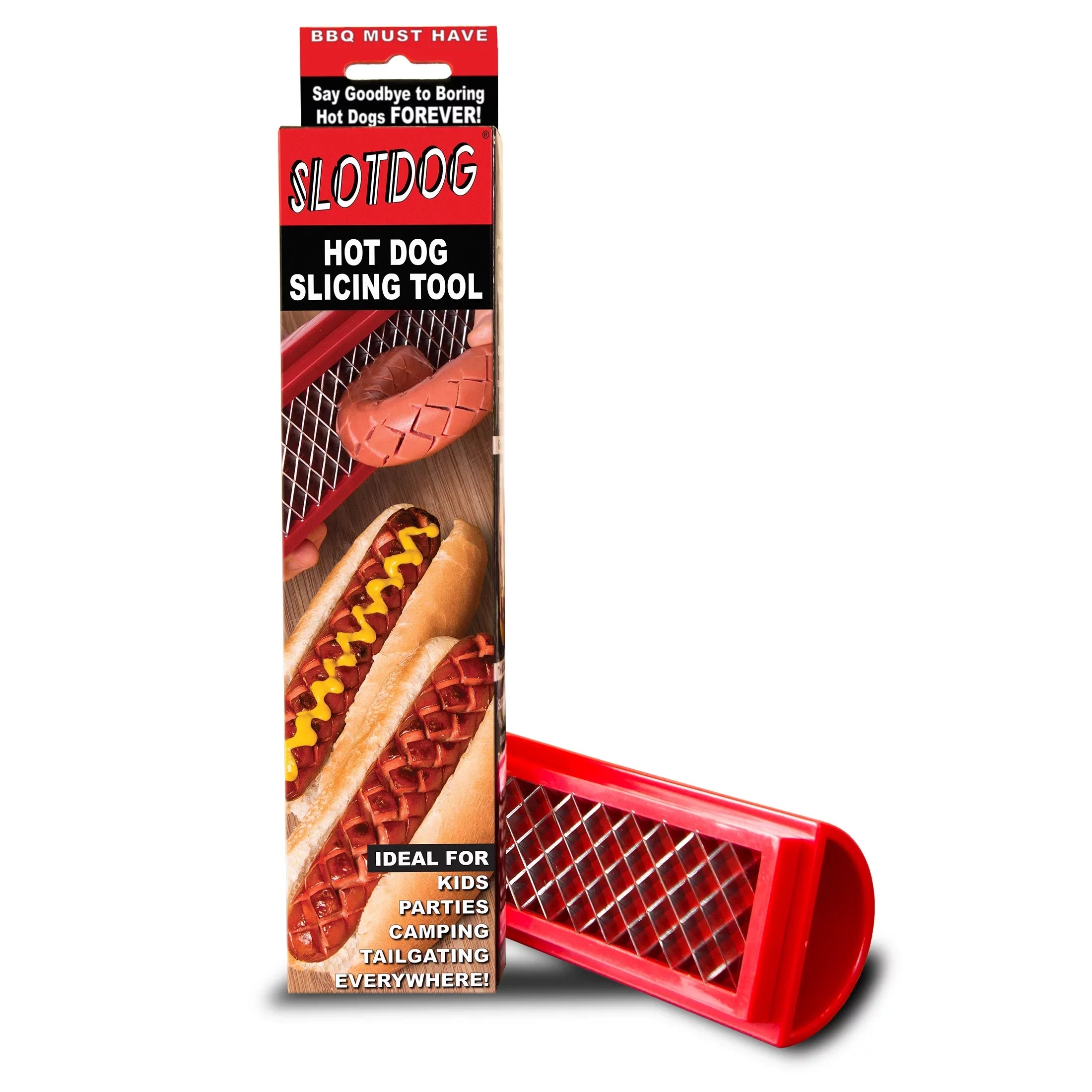 '- Hot Dog Slicing Tool - Stainless Steel Cutter Blades for Kitchen, Grilling, Tailgating, Camping and Backyard Outdoor  - 10 inch - Red