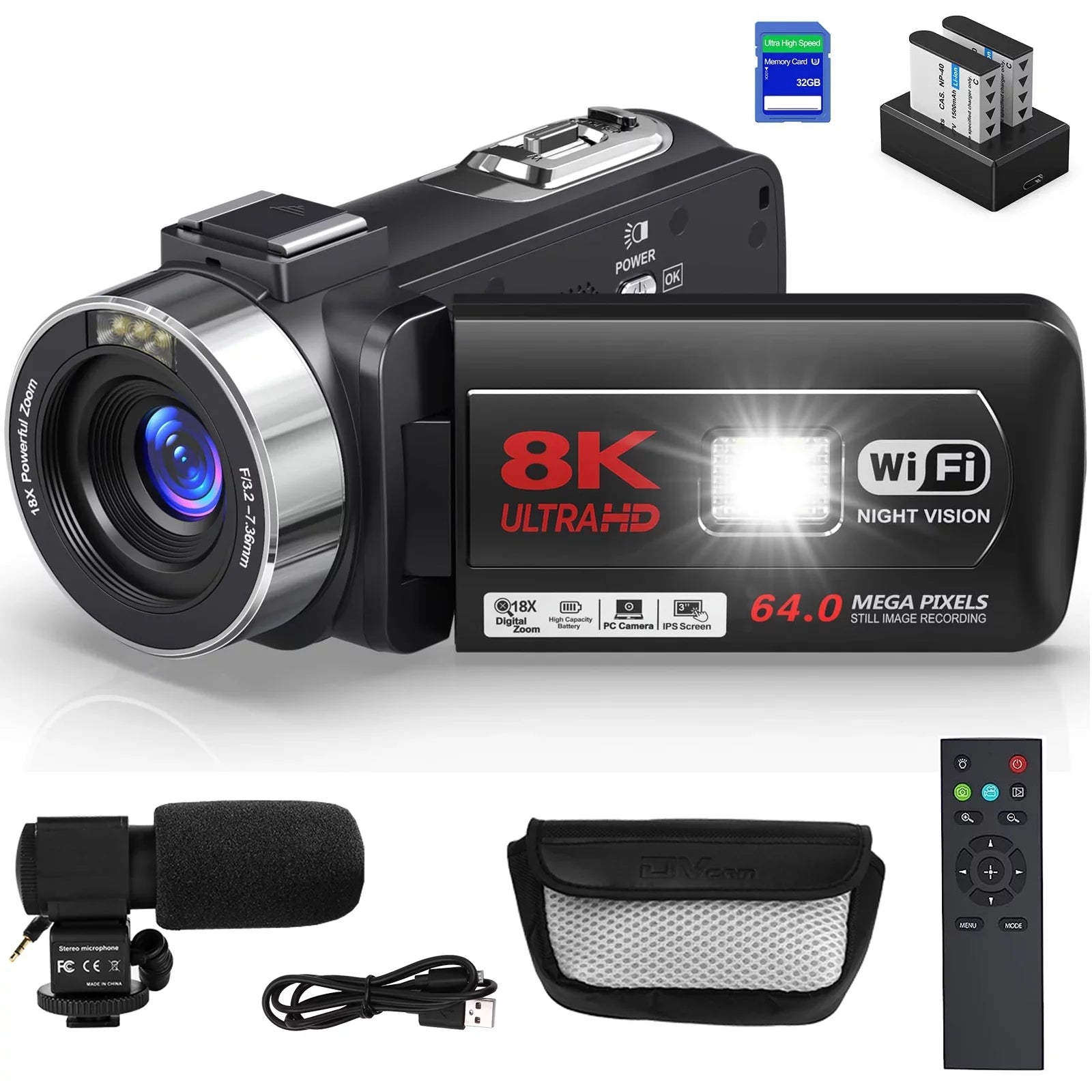 8K Video Camera 64MP 18X Digital Camera Video Camera for Youtube 3.0 inch Flip Screen Camcorder Vlogging Camera with 32GB  Card, 2.4G Remote Control, Two Batteries and External Mic