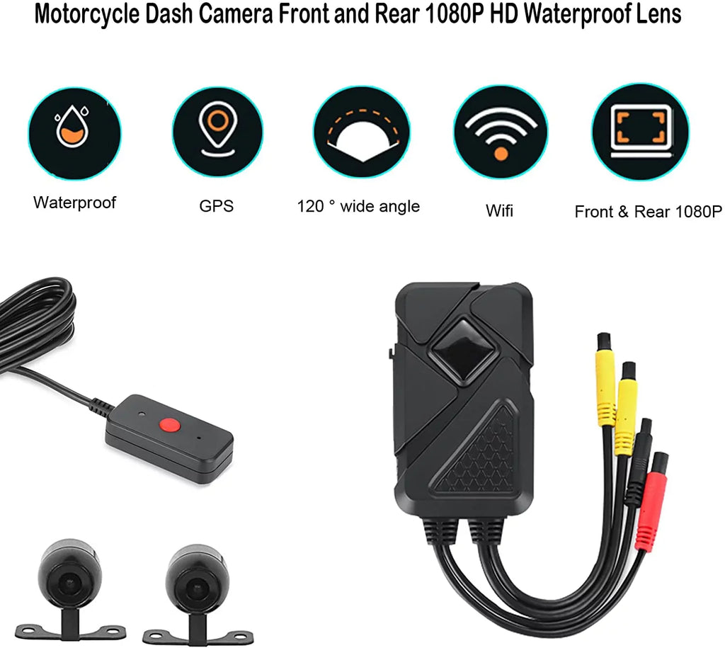 Motorcycle Dash Camera Front and Rear 1080P  Waterproof Lens 120° Wide Angle Waterproof Recording Camera with Wi-Fi,